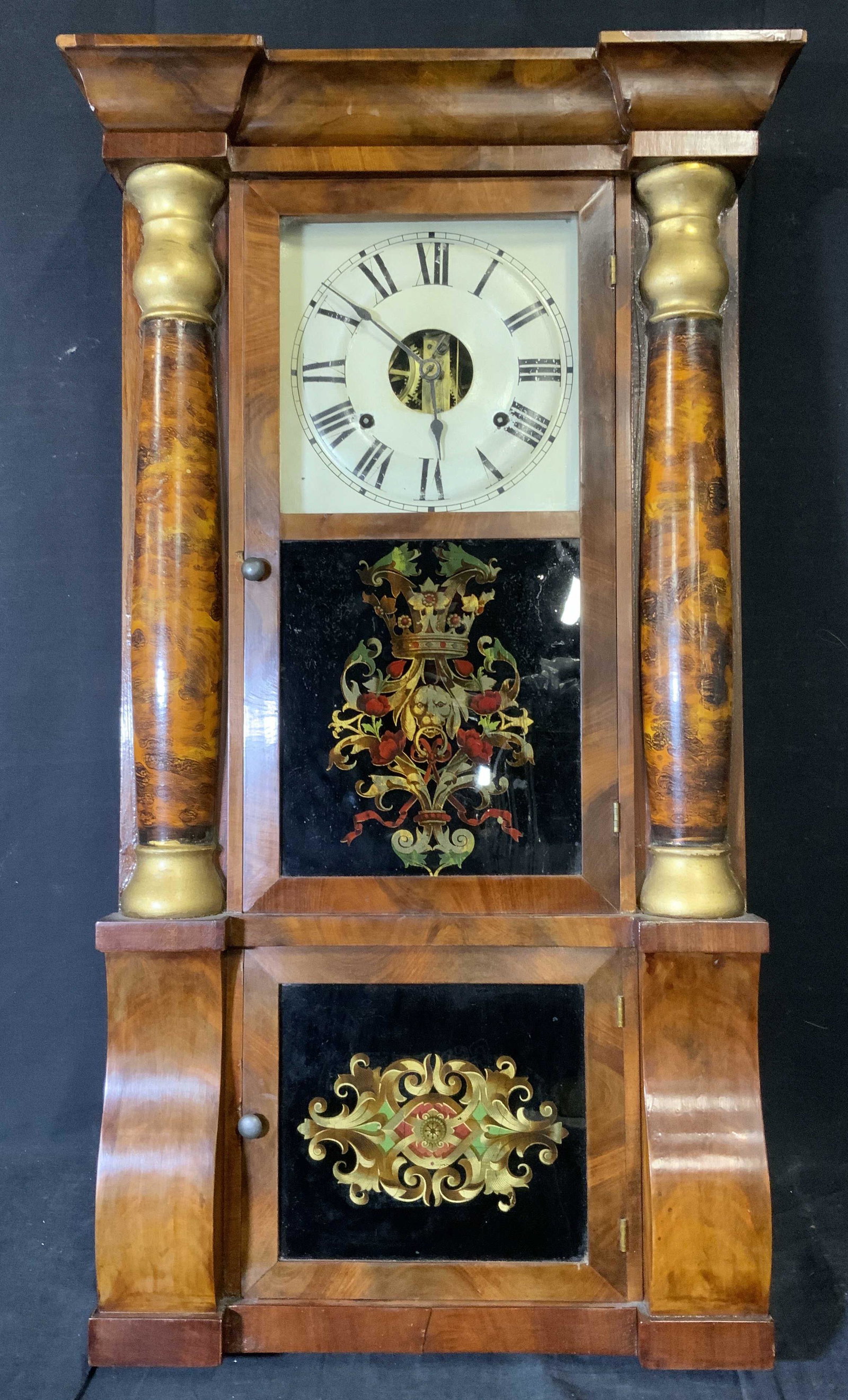Antique Seth Thomas “Empire” Style Shelf Clock: Antique Seth Thomas column and cornice “Empire” style time and strike weight driven shelf clock, had two doors to the front of the clock, top door has window to show of the face of the clock, cloc