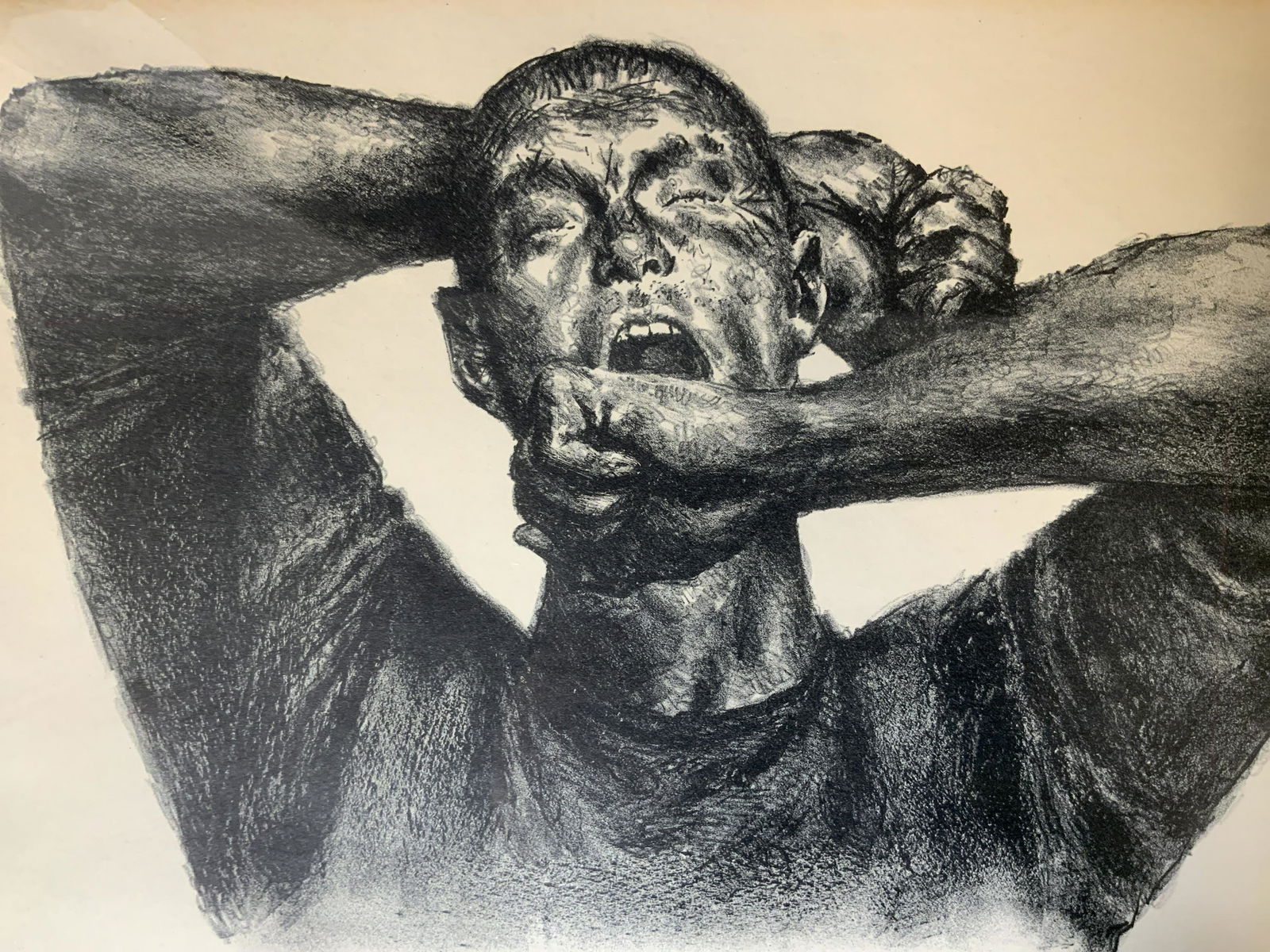JOSEPH HIRSCH Signed Yawning Lithograph: JOSEPH HIRSCH Signed Yawning Lithograph, signature to lower portion of piece reads ‘Joseph Hirsch’, label to reverse details artists biography, subject a man stretching and yawning, measures 16 3/