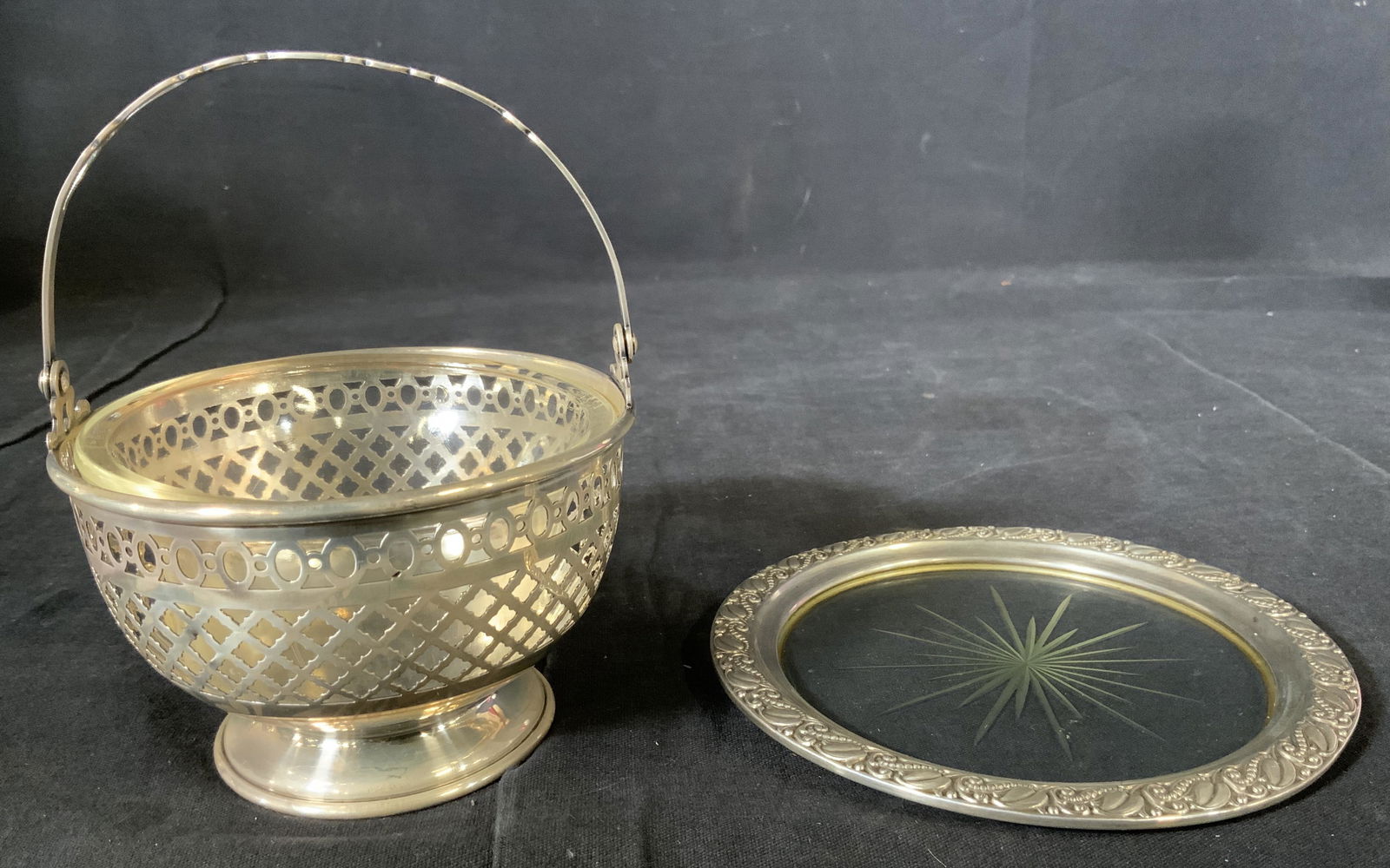 Sterling Silver Basket and Wine Coaster: Sterling Silver Basket and Wine Coaster, inscription to coaster reads ‘Sterling VVO’, inscription to basket reads ‘Gorham Sterling 90’, inscription to glass reads ‘TM REQ Pyrex US Pat Off’