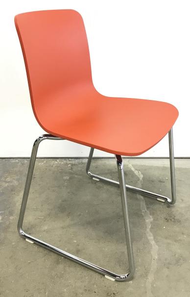 VITRA HAL By Jasper Morrison Tube Sledge Chair: VITRA HAL By Jasper Morrison Tube Sledge Chair With orange toned seat and chrome toned base, no condition issues noted, measures approximately 31 inches tall x 18.5 inches wide x 18 inches deep. Marke