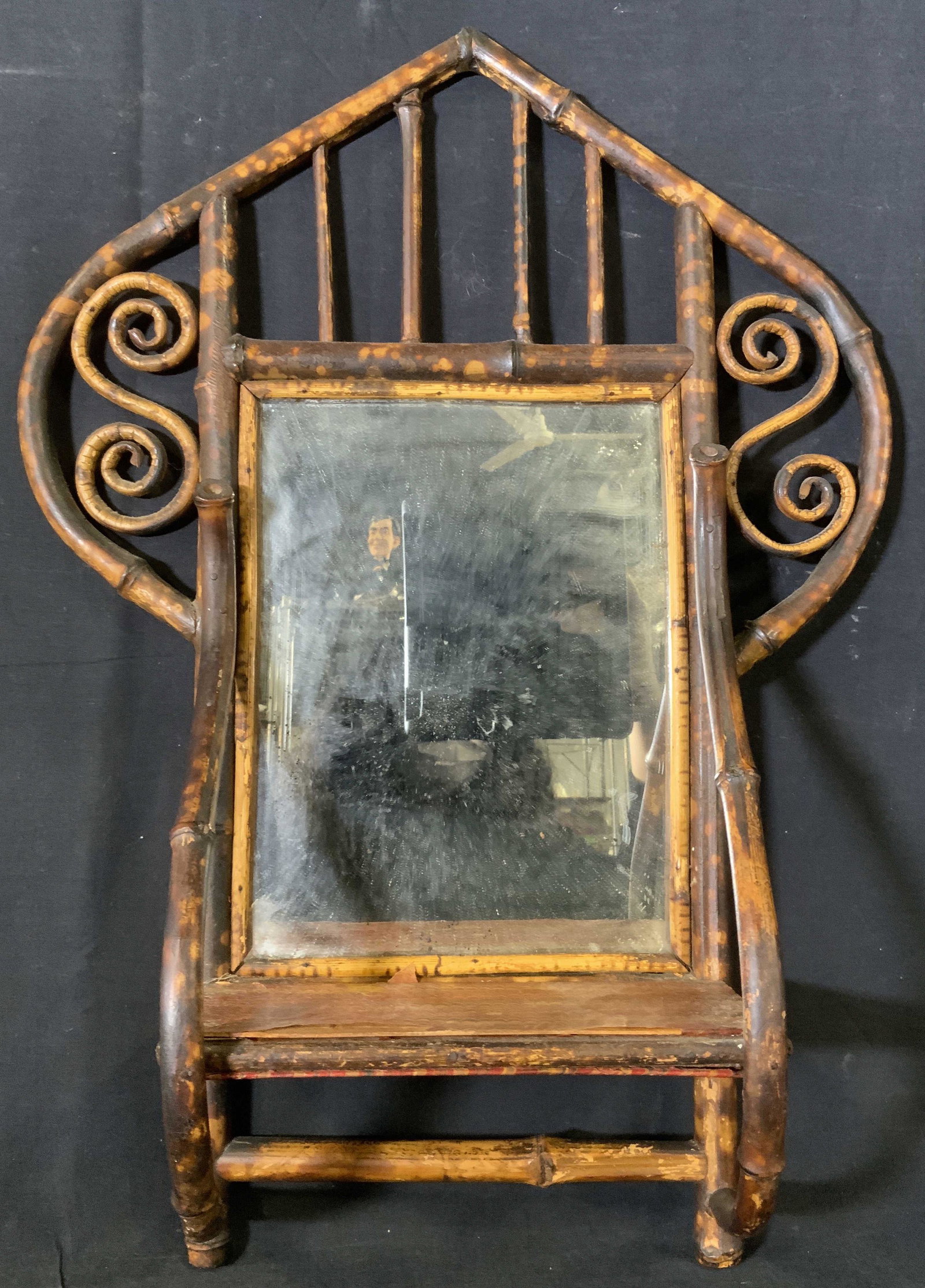 Antique Handmade Victorian Bamboo Mirror: Antique Handmade Victorian Bamboo Mirror, inscription to interior of shelf lining reads ‘Bottom back’, label to reverse reads #106’, measures 24 5/8 x 18 1/8 inches, projection measures 6 inches