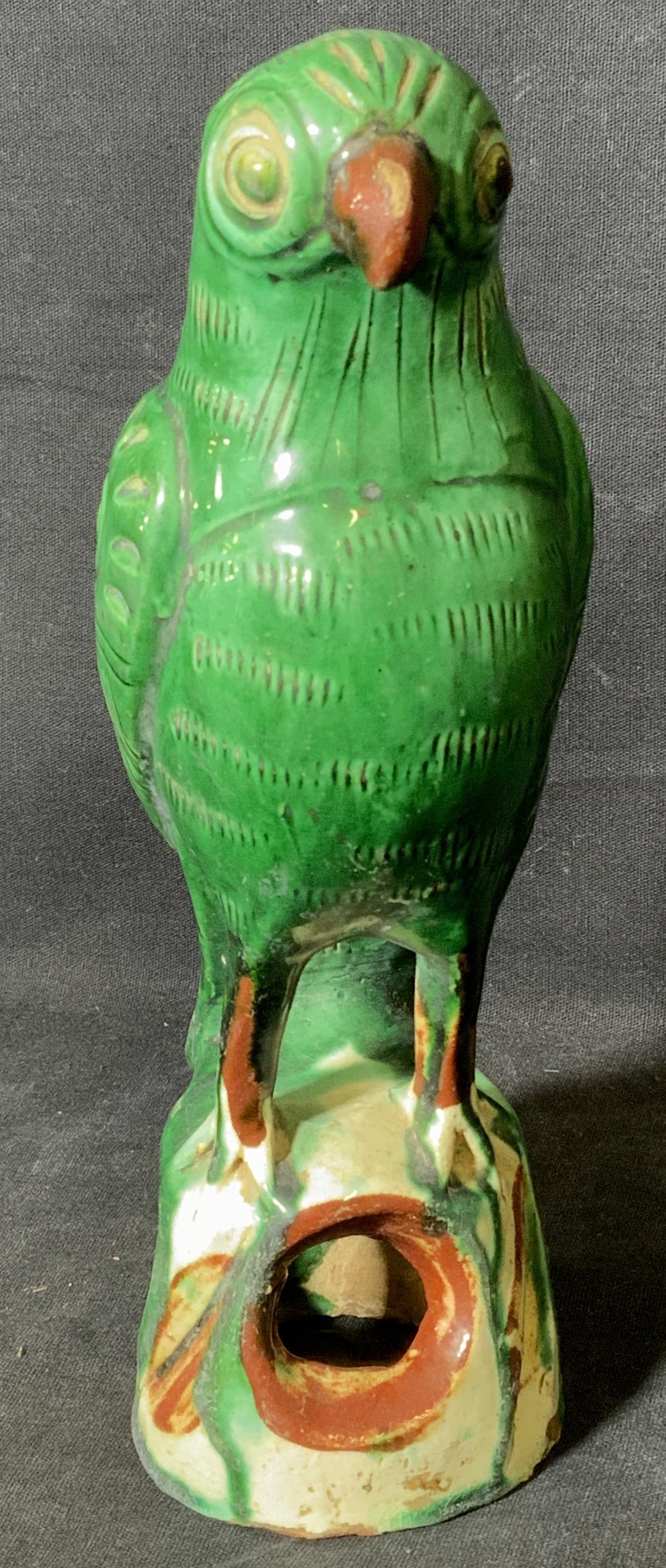 Antique Chinese Parrot Roof Ornament w/ Tags: Antique Chinese parrot roof ornament with original tags, product of The Bruce Museum Greenwich Connecticut, interior of tags reads ‘Antique roof ornament from China, In folklore parrots were conside