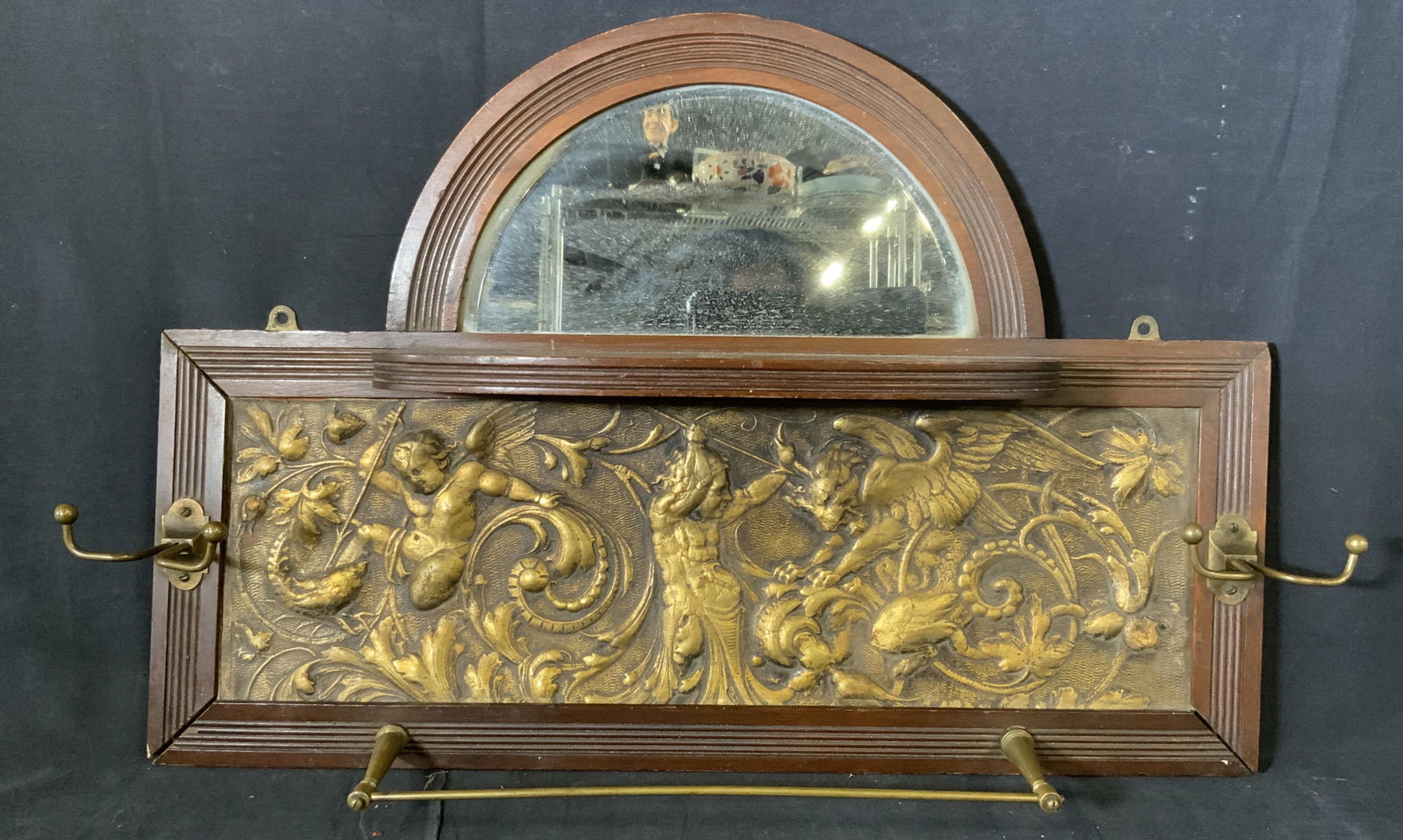 Antique Victorian Hat Rack w Embossed Gilt Panel: Antique Victorian Hat Rack w Embossed Gilt Panel, no apparent inscriptions or marks, hat rack with rods for scarves or towels, shelf for display or accessories, unusual design punched in relief, panel