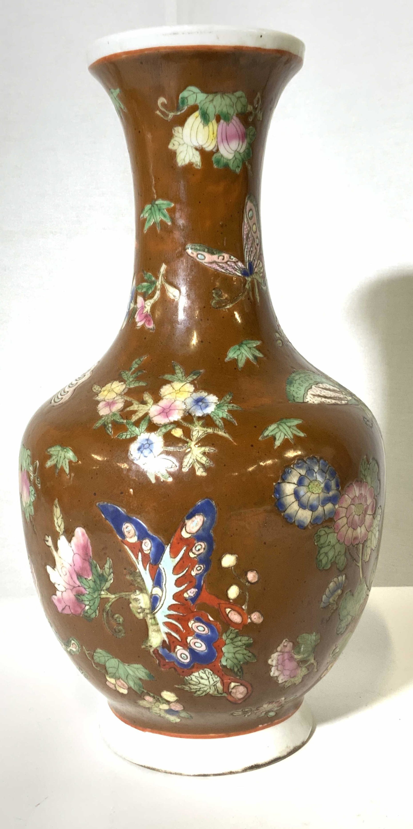 Vintage SIGNED Chinese Decorative Vase: Vintage, Chinese, ceramic vase. Vase is hand painted, depicts butterflies among flowers. The flowers and butterflies are multi toned, the vase is colored in russet tones. The flowers and butterflies a