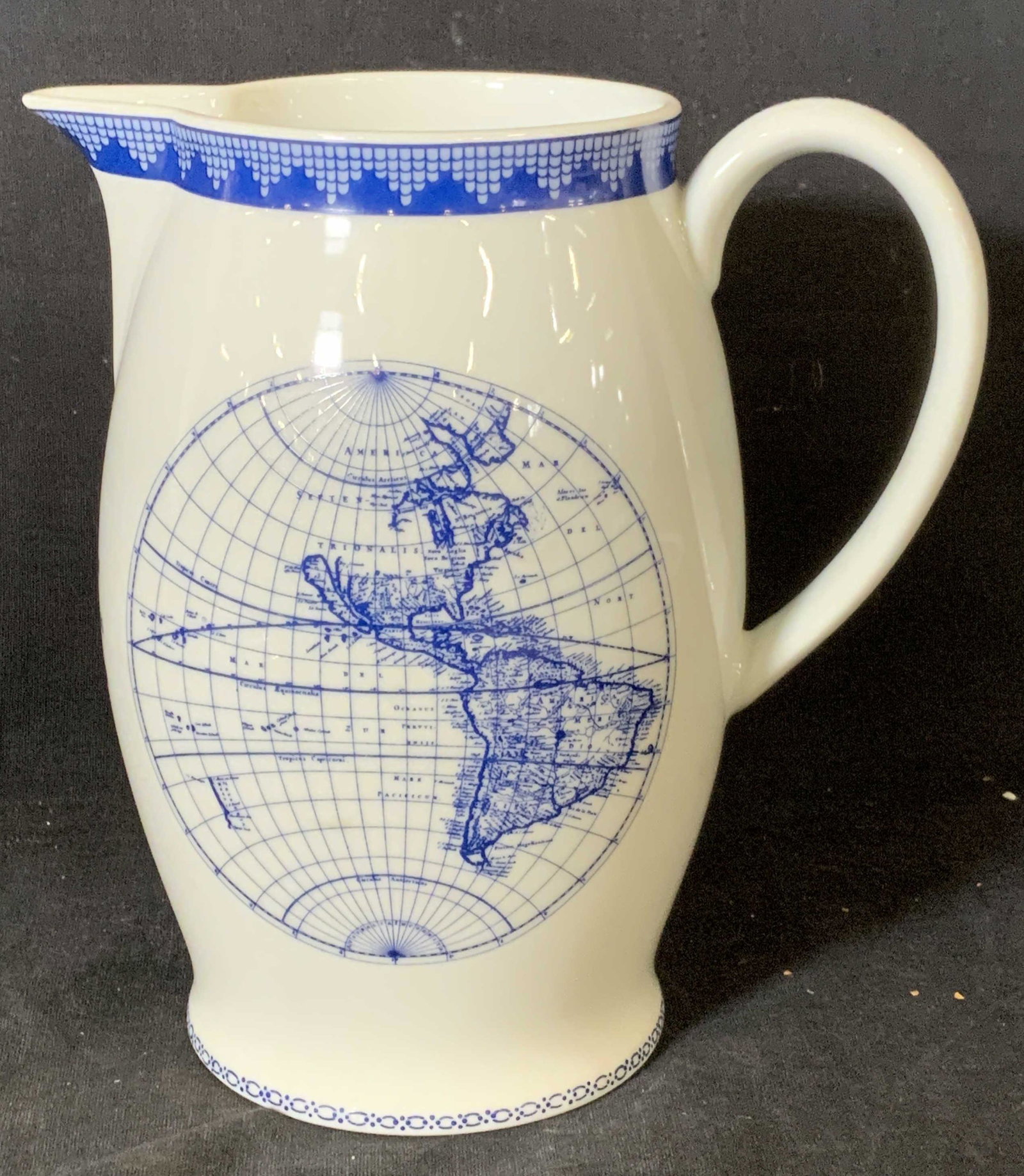 MOTTAHEDEH Trademarked Signed Pitcher: Vintage ceramic MOTTAHEDEH pitcher. Each side of the pitcher depicts an early map of the world. A quote reading: DISCOVERY CONSISTS OF LOOKING AT WHAT EVERYBODY ELSE HAS SEEN AND THINKING WHAT NOBODY 