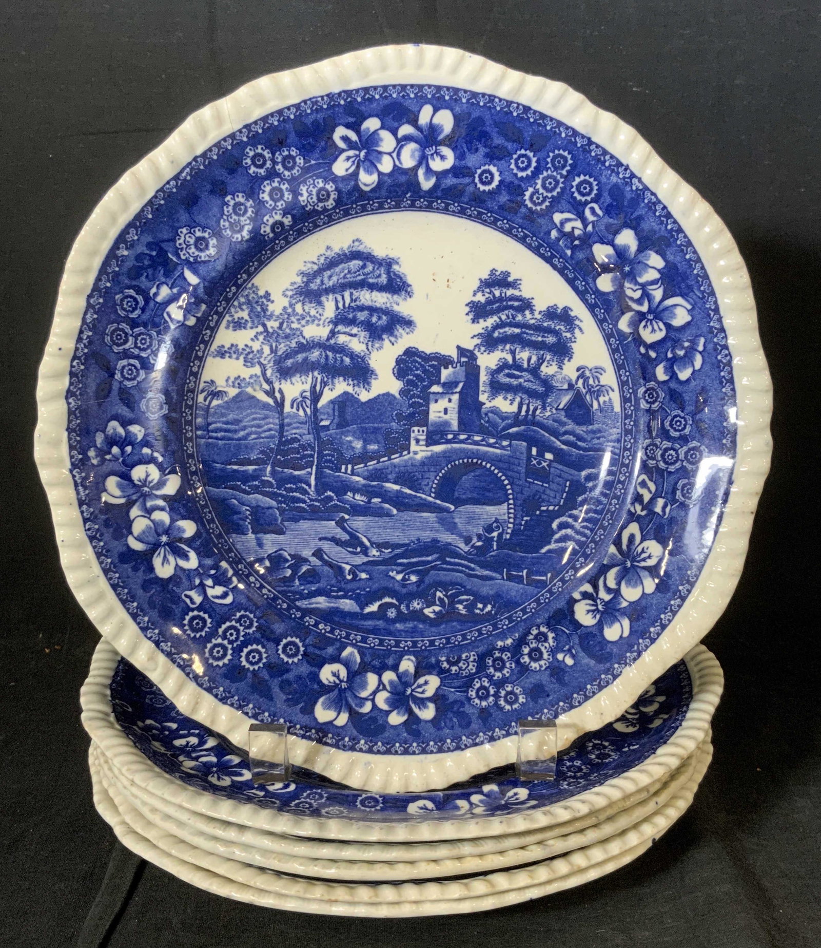 Set 6 SPODE Vintage Tower Porcelain Plates: Set 6 Vintage SPODE Tower Porcelain Plates, stamp to base reads ‘Copeland Spode’s Tower England’, design features an agrarian landscape, all measure 10 inches in diameter, crack to reverse of on