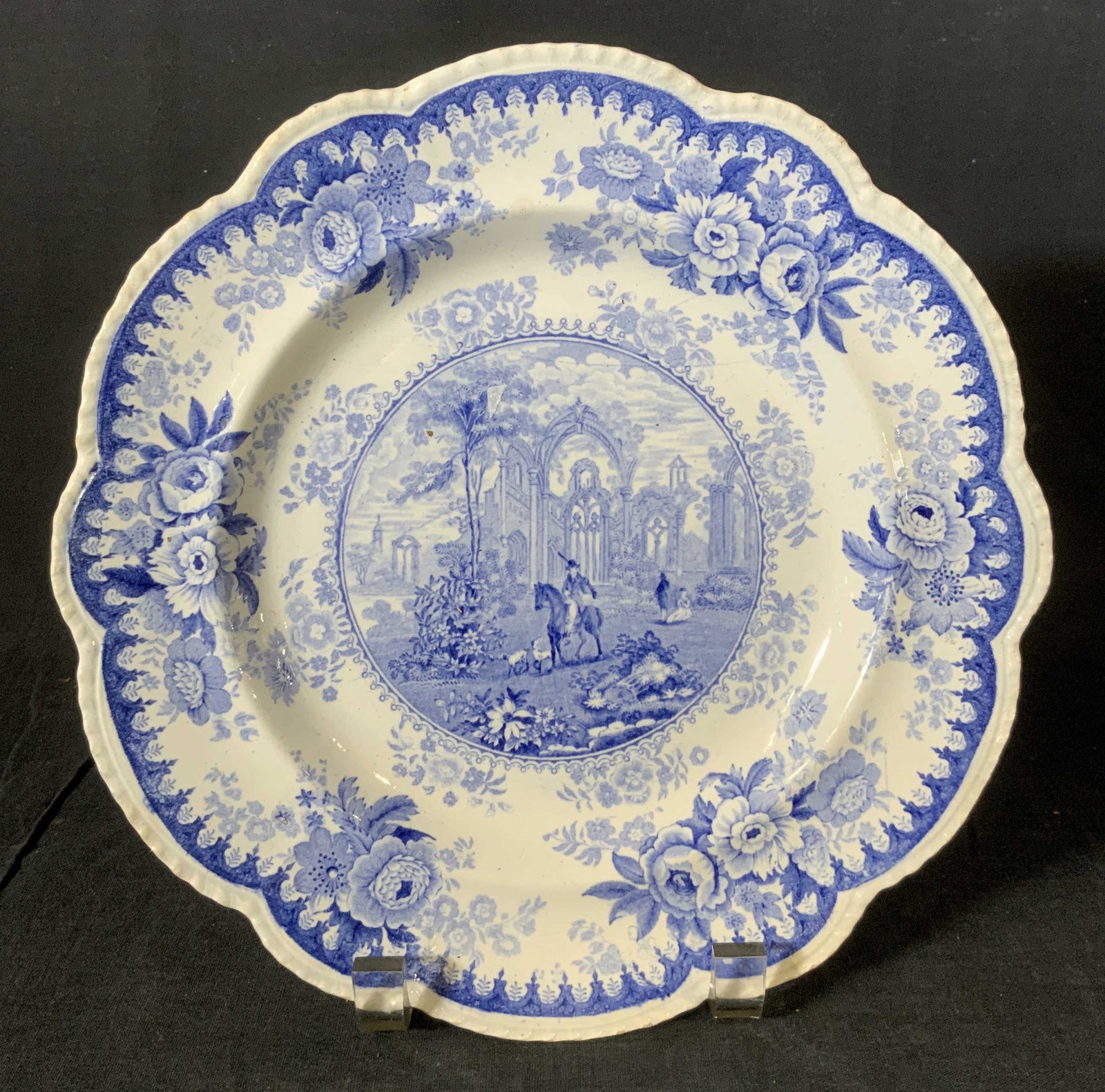Vintage Blue & White Transfer ware Plate: Vintage Blue & White Transfer ware Plate, no apparent inscriptions or marks, design features a man on horseback, measures 10 1/8 inches in diameter, some minor chips but overall in good condition, Vin