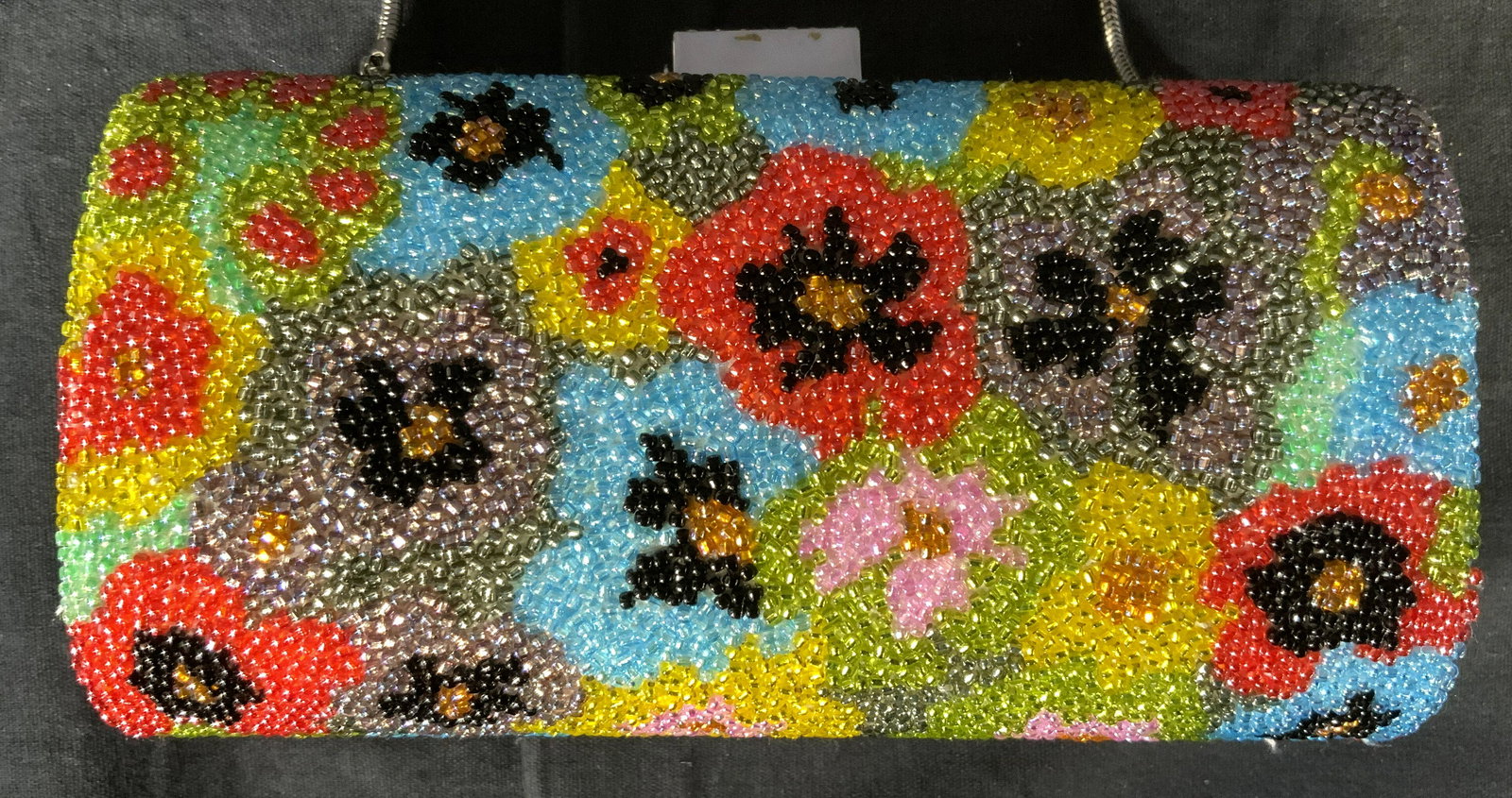 LORD & TAYLOR Beaded Floral Purse: LORD & TAYLOR Beaded Floral Purse, label to interior reads ‘Lord & Taylor’, measures 3 3/8 x 6 5/8 inches wide, drop measures 23 1/2 inches, in good condition, Lord & Taylor, beadwork, purse, shou