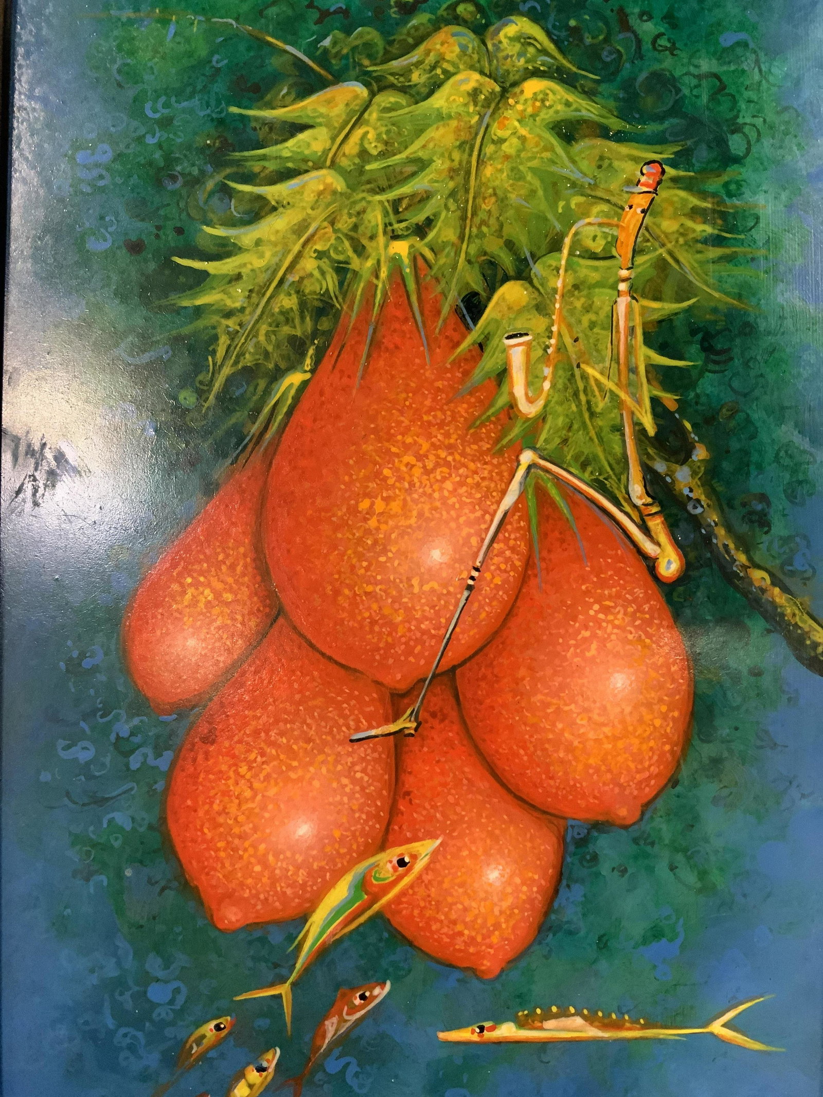 H CLAISE Signed Oil Painting, Fruit w Fish: H CLAISE Signed Oil on board Painting, Fruit w Fish, signature to lower right reads ‘H Claise’, subject a fruit and stick bug playing saxophone under water, measures 15 1/4 x 9 1/4 inches, wooden 