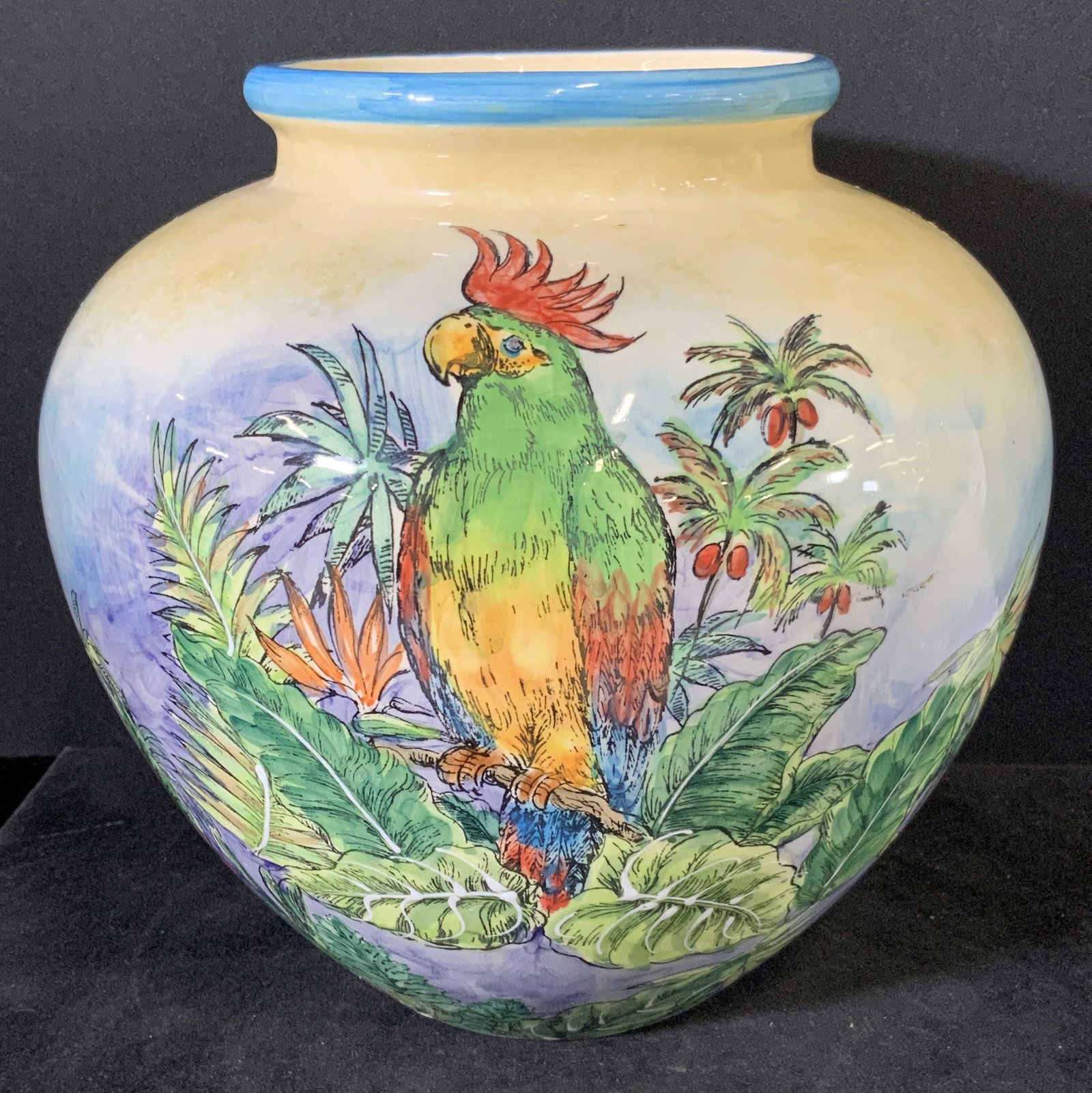 MAXCERA Hand Painted Jungle Theme Ceramic Vessel: Ceramic vessel with painted jungle scene. Monkey, cheetah, bird, and foliage. Underside is signed: Maxcera, Made in China, Decorative Use Only, Not for Food Use. Underside also has some pitting, piece