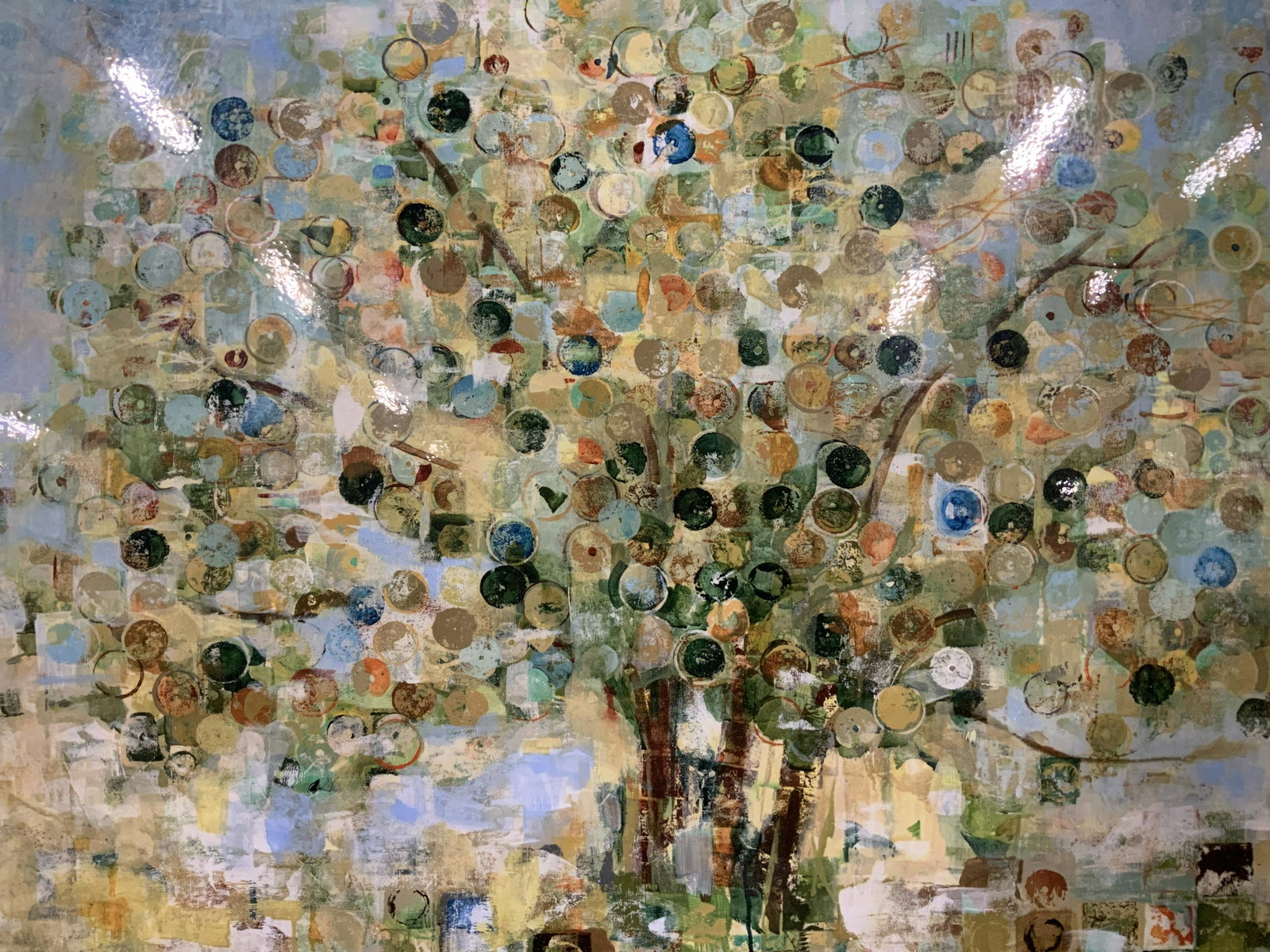 JILL MARTIN Embrace Lithograph Artwork: JILL MARTIN Embrace Lithograph on board, inscription to reverse reads ‘48-018407-80’, subject an abstracted fruit tree, measures 29 7/8 x 39 3/4 inches, not framed, Jill Martin is an incredible em