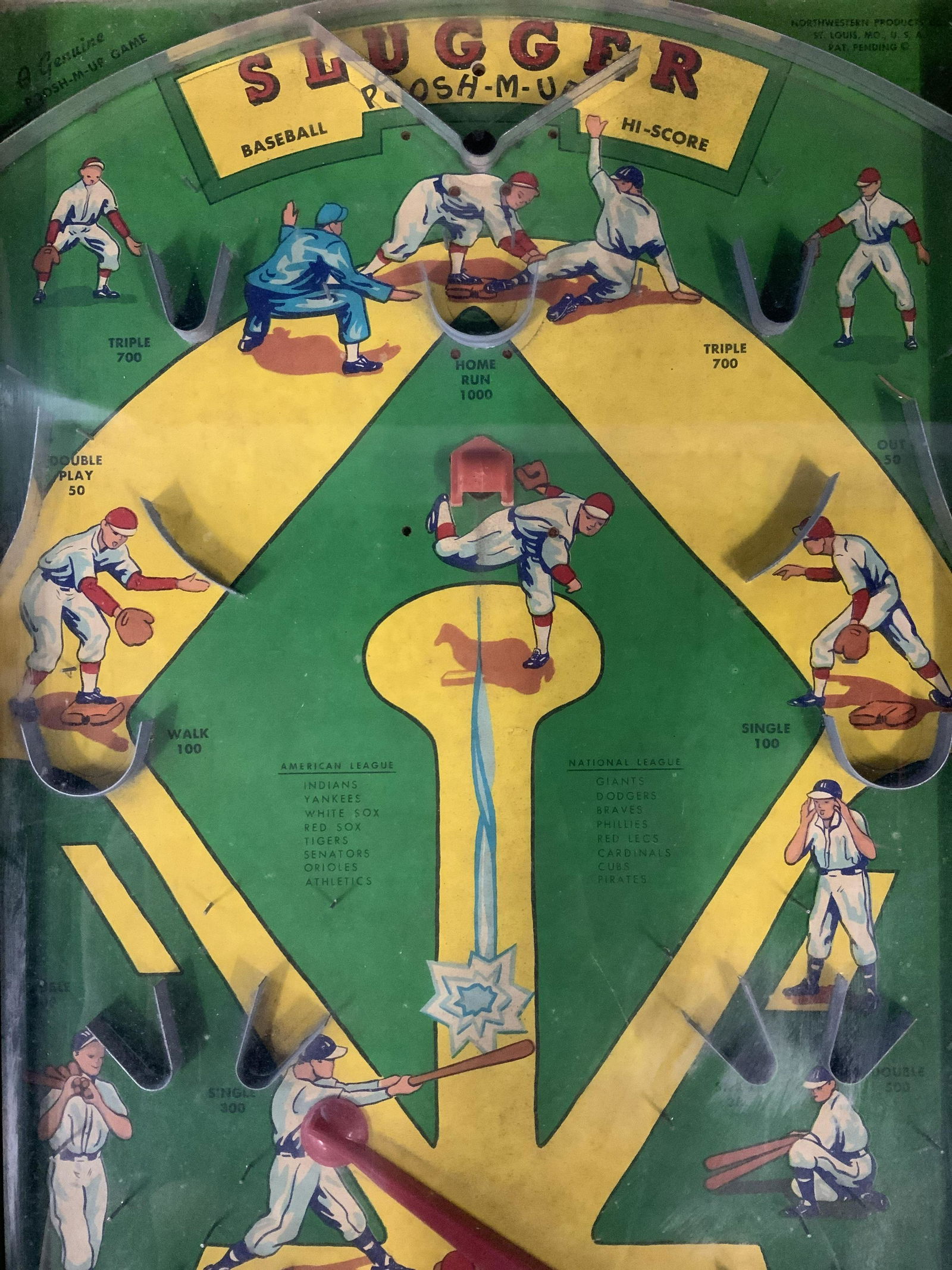 Northwestern Products Vintage Pinball Machine: Northwestern Products Vintage Pinball Machine, inscriptions to piece read ‘Northwestern Products St Louis MO USA Pat Pending’, ‘Slugger Poosh-M-UP’, ‘A Genuine Poosh-M-Up Game’, a baseball