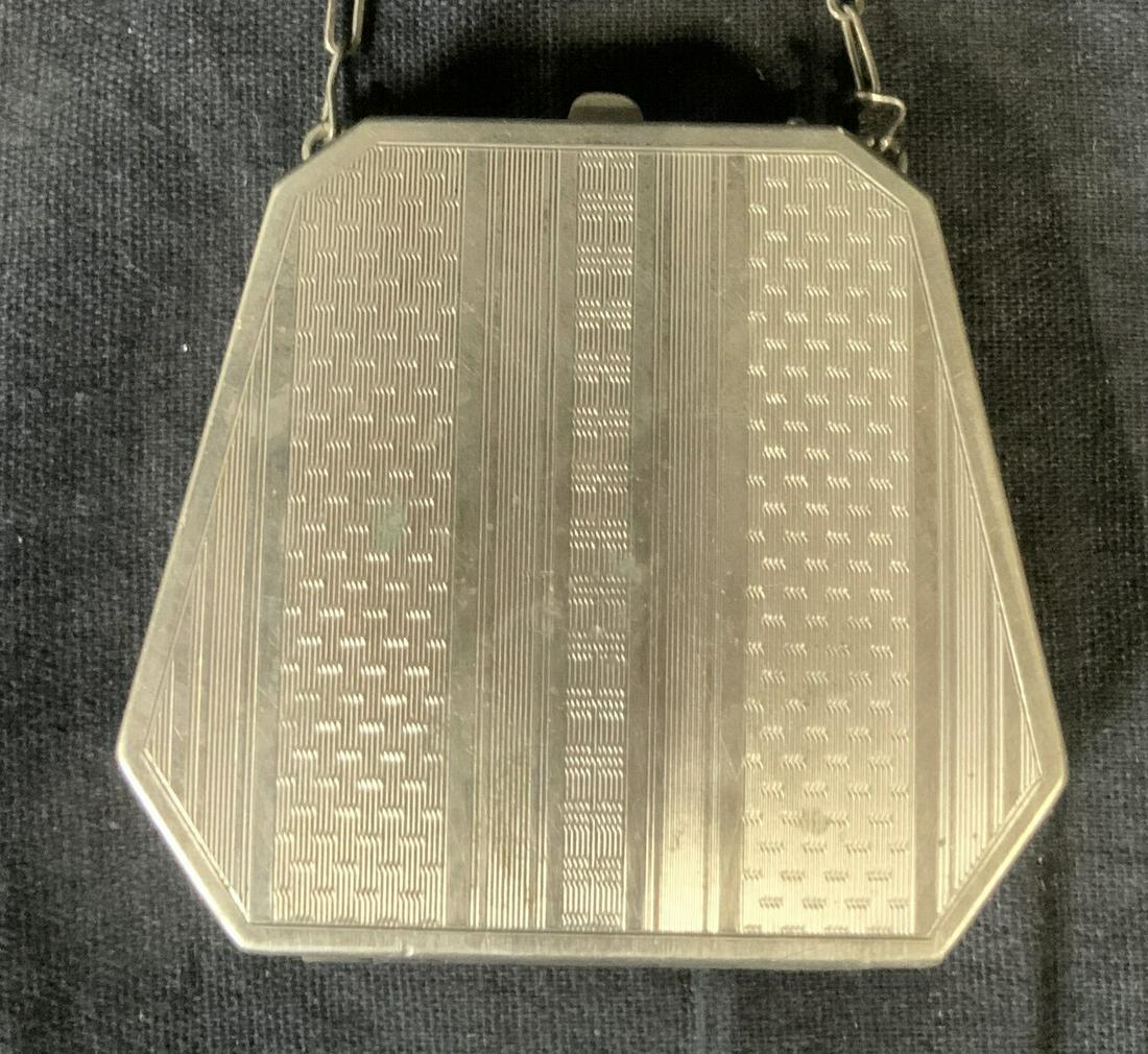 Vintage Metal Makeup Compact Purse: Vintage Metal Compact Bag, no apparent inscriptions or stamps, measures 2 1/4 x 2 1/2 inches, drop measures 4 1/2 inches, some tarnishing and surface wear to metal, Vintage, compact, bag, wearables, w