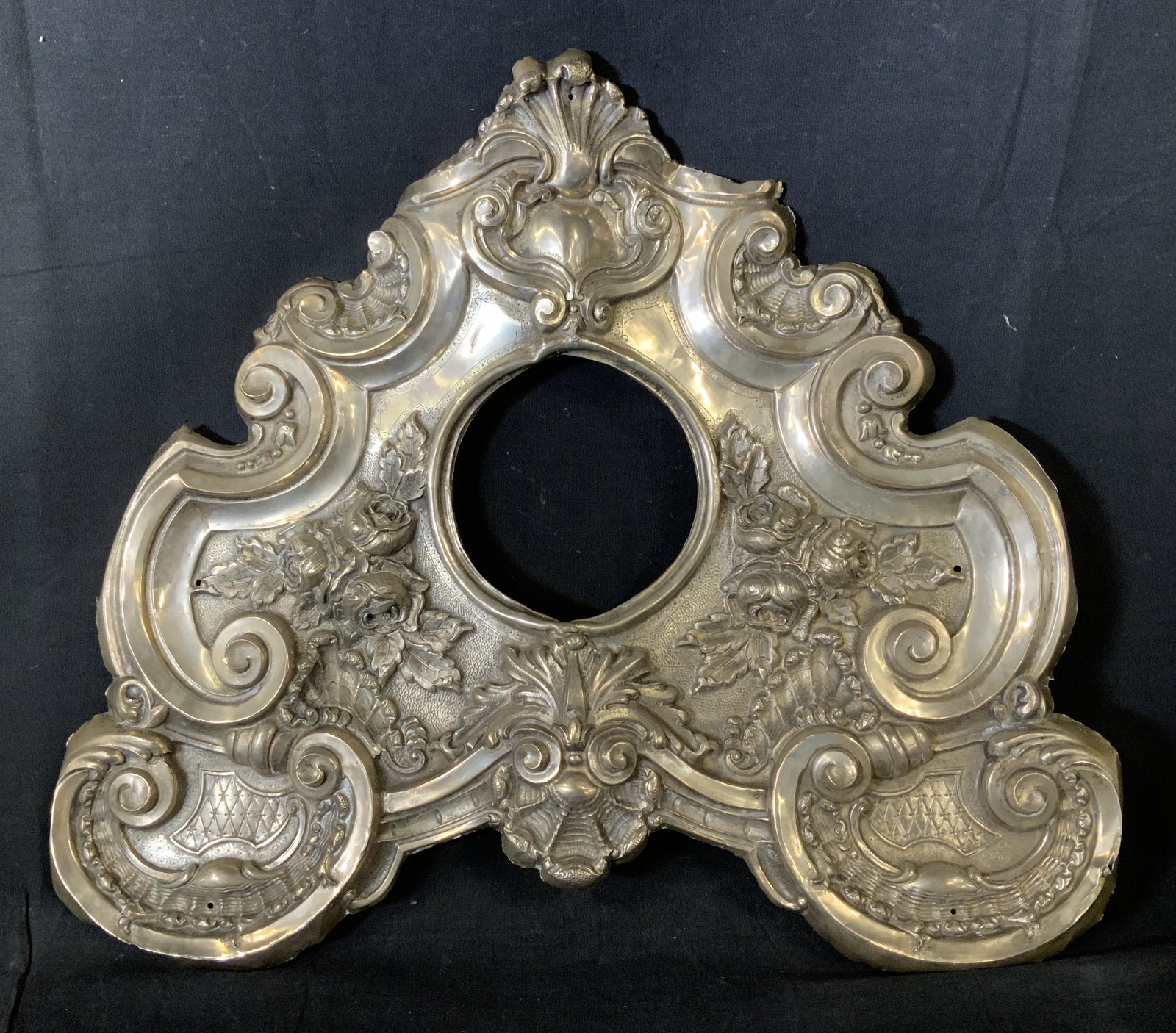 Metal Rococo Style Wall Fixture: Metal Rococo Style Wall Fixture, no apparent inscriptions or stamps, silver toned metal, elaborate floral designs, measures 16 1/2 x 19 1/4 inches, some dents and tarnishing to metal, Metalware, Repou