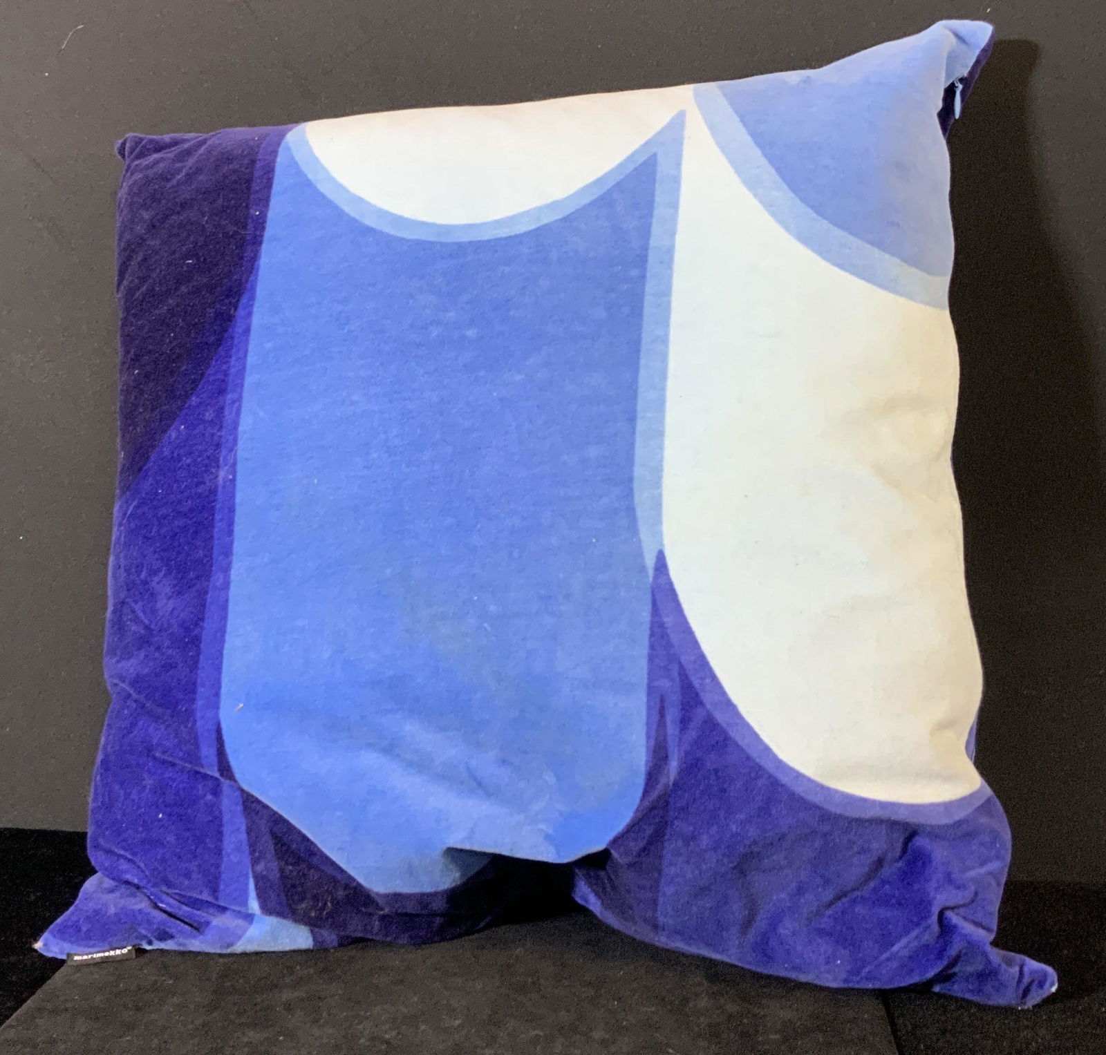 MARIMEKKO Blue Velvet Throw Pillow: A multi tone blue velvet throw pillow. Deep and light blues come together to create a unique pattern. Soft hand velvet pillow case is removable. Exterior tag reads: MARIMEKKO. One blue zipper in good