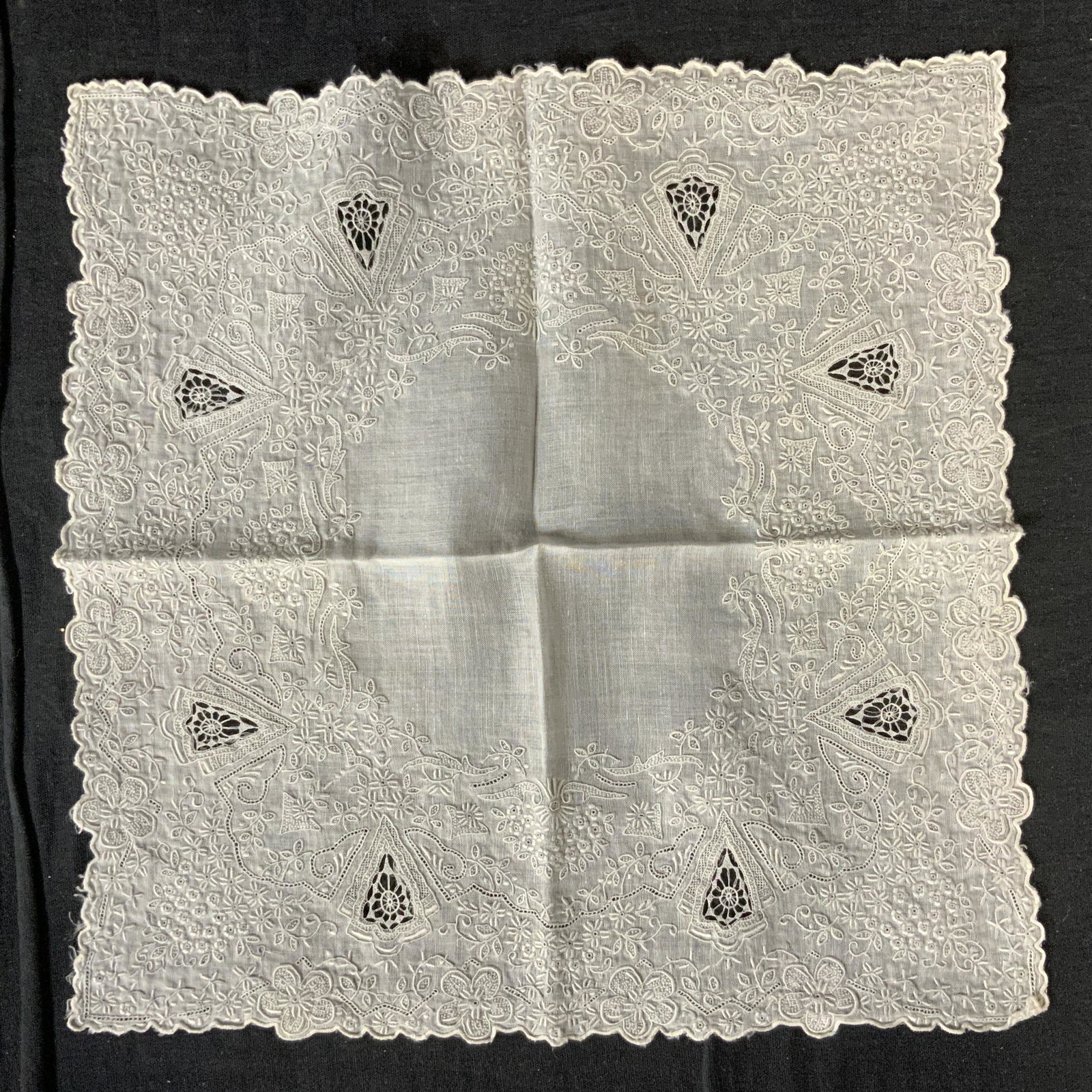 Lot 9 Vintage Handkerchiefs: Lot 9 Vintage Handkerchiefs, embroidered ‘J’ to some pieces, smallest handkerchief measure 9 1/4 x 9 1/4 inches, largest measures 11 1/4 x 11 1/4 inches, wear consistent with vintage condition, Vi