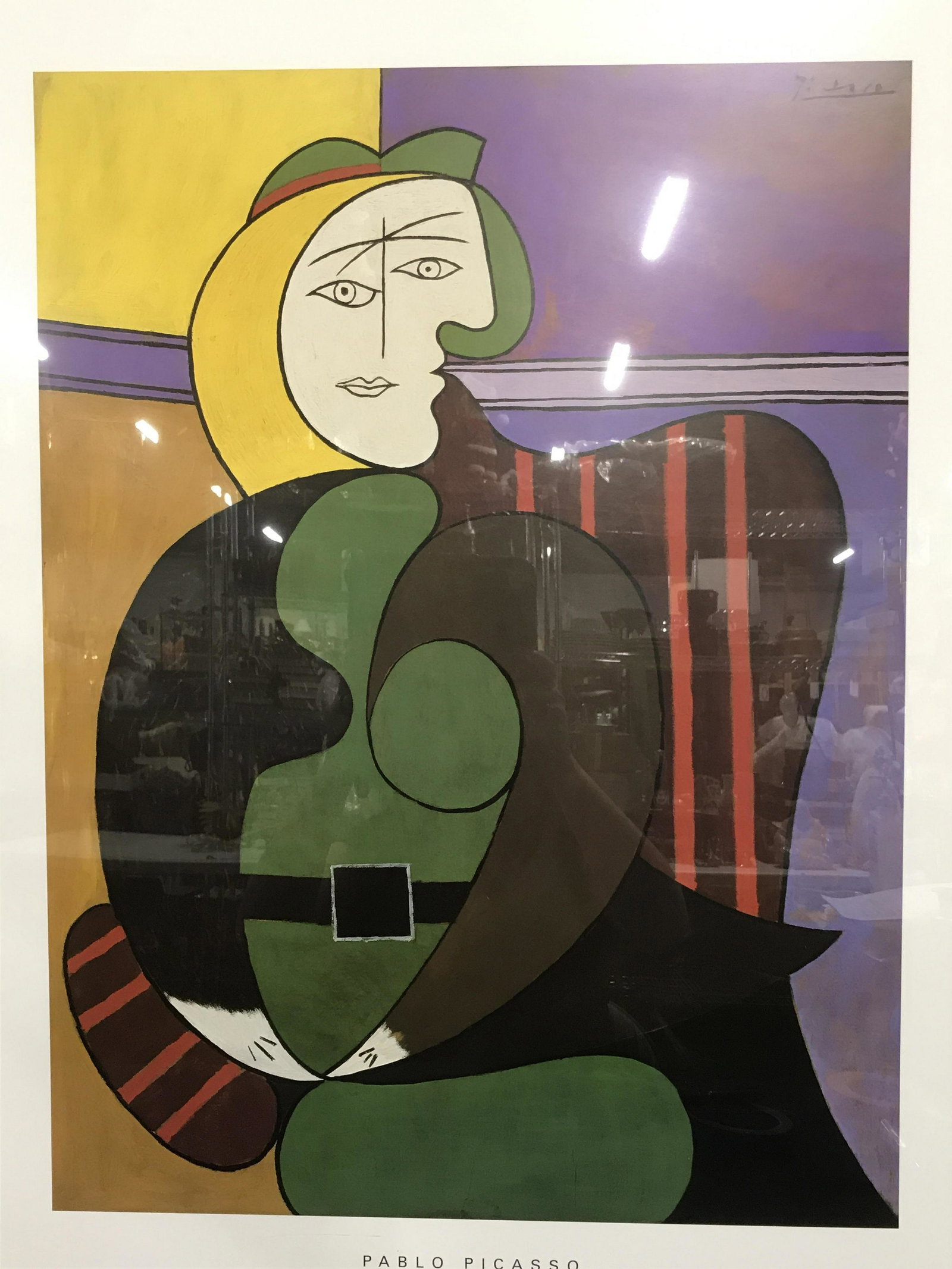 Pablo Picasso Gallery Lithograph Advertisement: Pablo Picasso Gallery Lithograph Advertisement, text to lower border reads ‘Pablo Picasso, The Red Armchair, 1931, The Art Institute of Chicago’, subject a litho of a piece by Picasso depicting a 