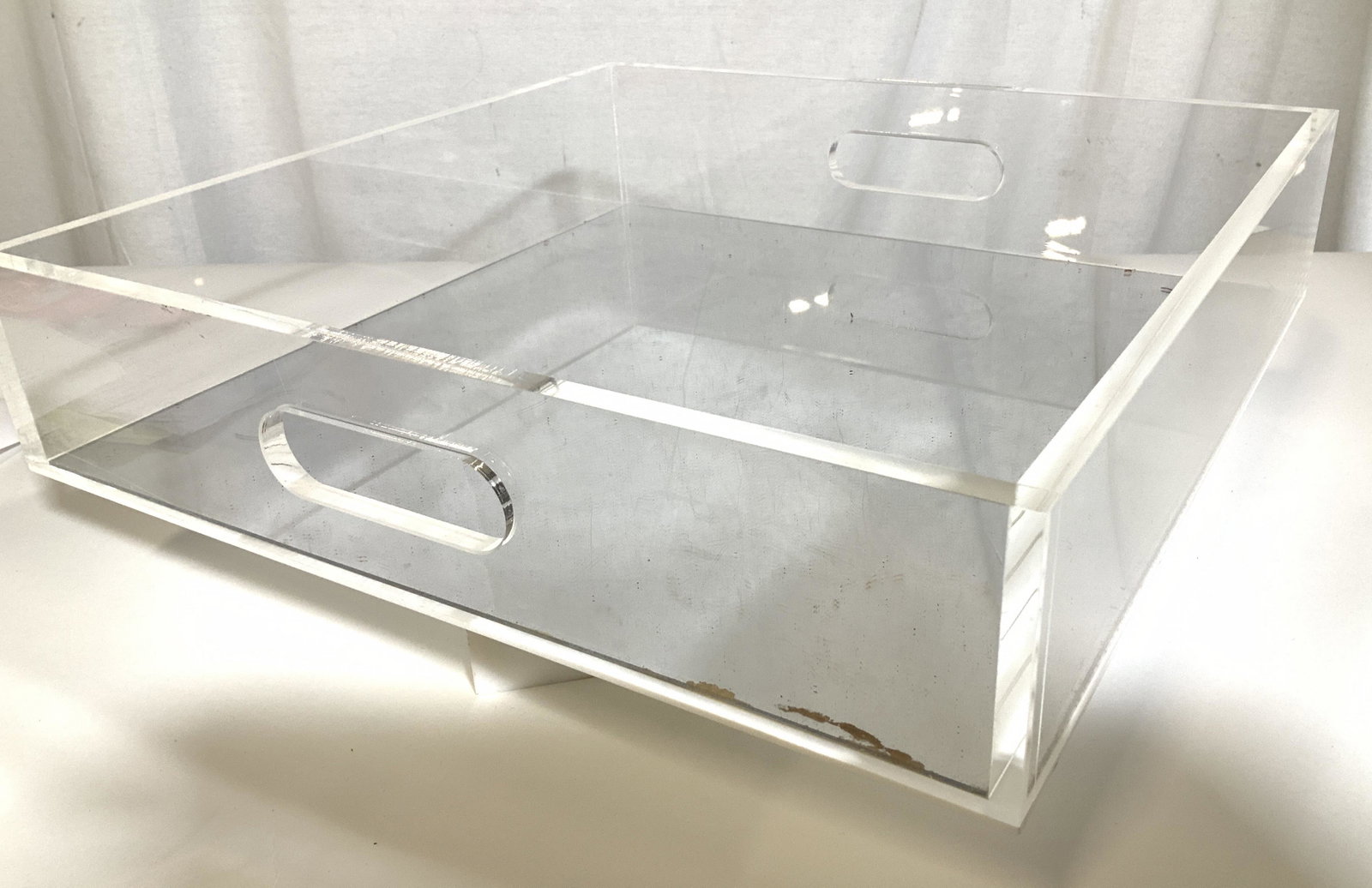 Vintage Lucite & Mirror Mid Century Style Tray: Clear lucite Tray with mirrored bottom and colored white lucite underside, handles built into sides, modernist square style. Tray 3.5 in.Ht , 16 x 16:in. Wear consistent with age and use. Clear lucite