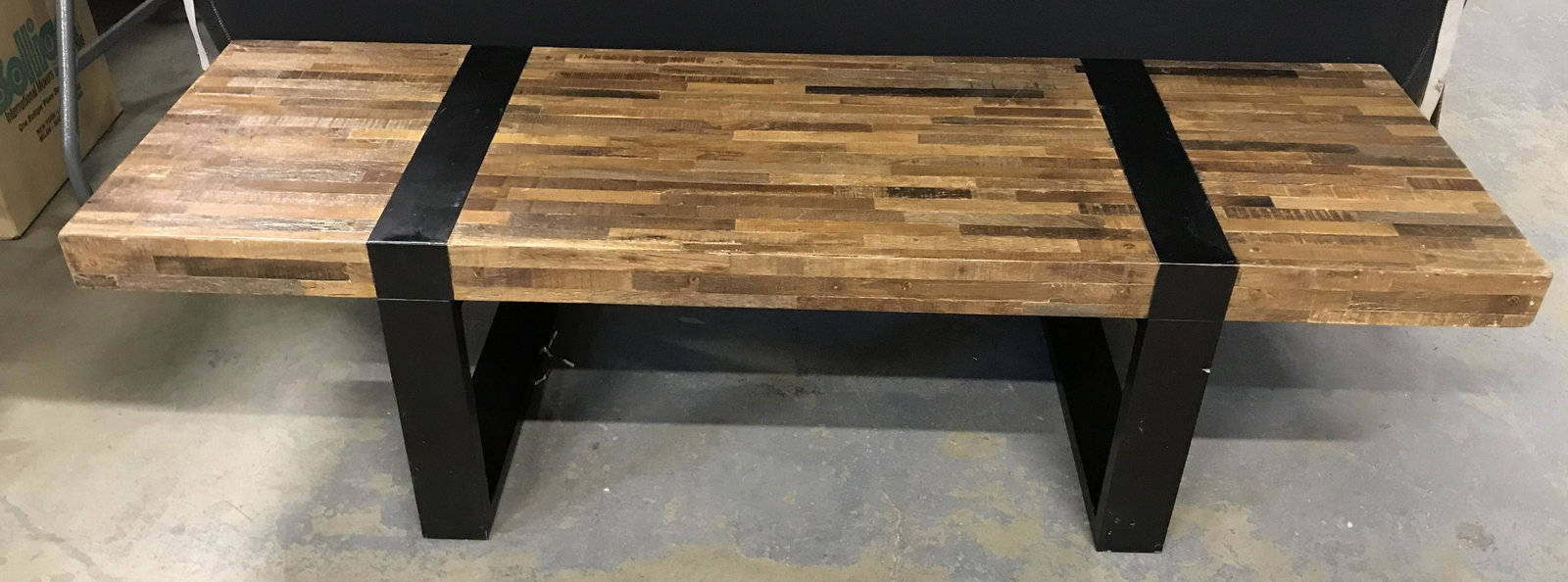 Mosaic Wood Bench: Mosaic Wood bench, possibly vintage. Legs are colored black. Measures approx 17.5 inches H, 60 inches W, 19.5 inches deep. Wear is consistent with age and use. Tables, coffee table, bench, wood furnit