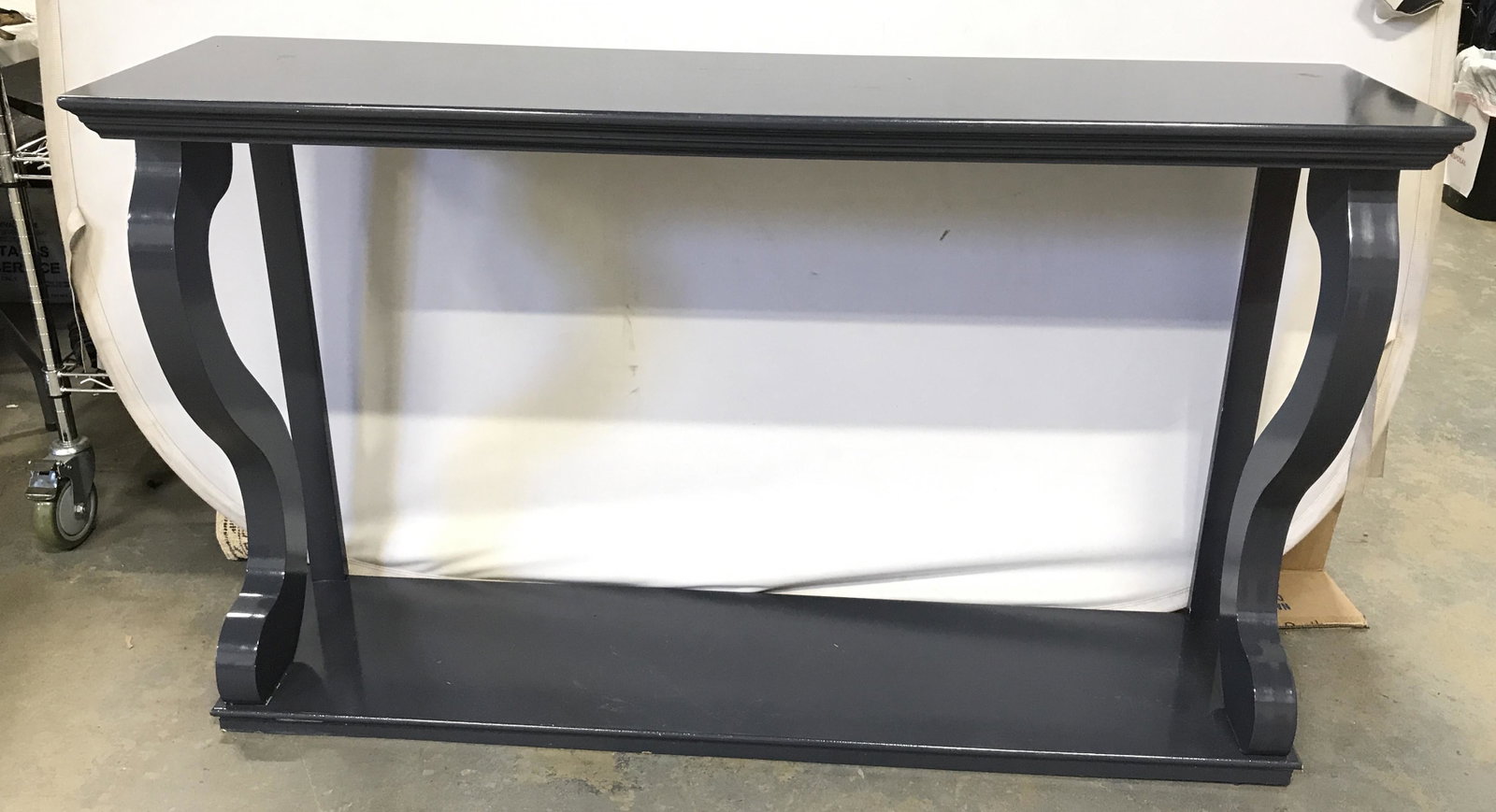 Hand Painted Wooden Console Table: Hand painted console table. Colored in slate tones. Measures approx 32.25 inches H, 54.75 inches W. 14 inches deep. Wear is consistent with age and use. Hand painted, carved wooden furniture, sofa tab