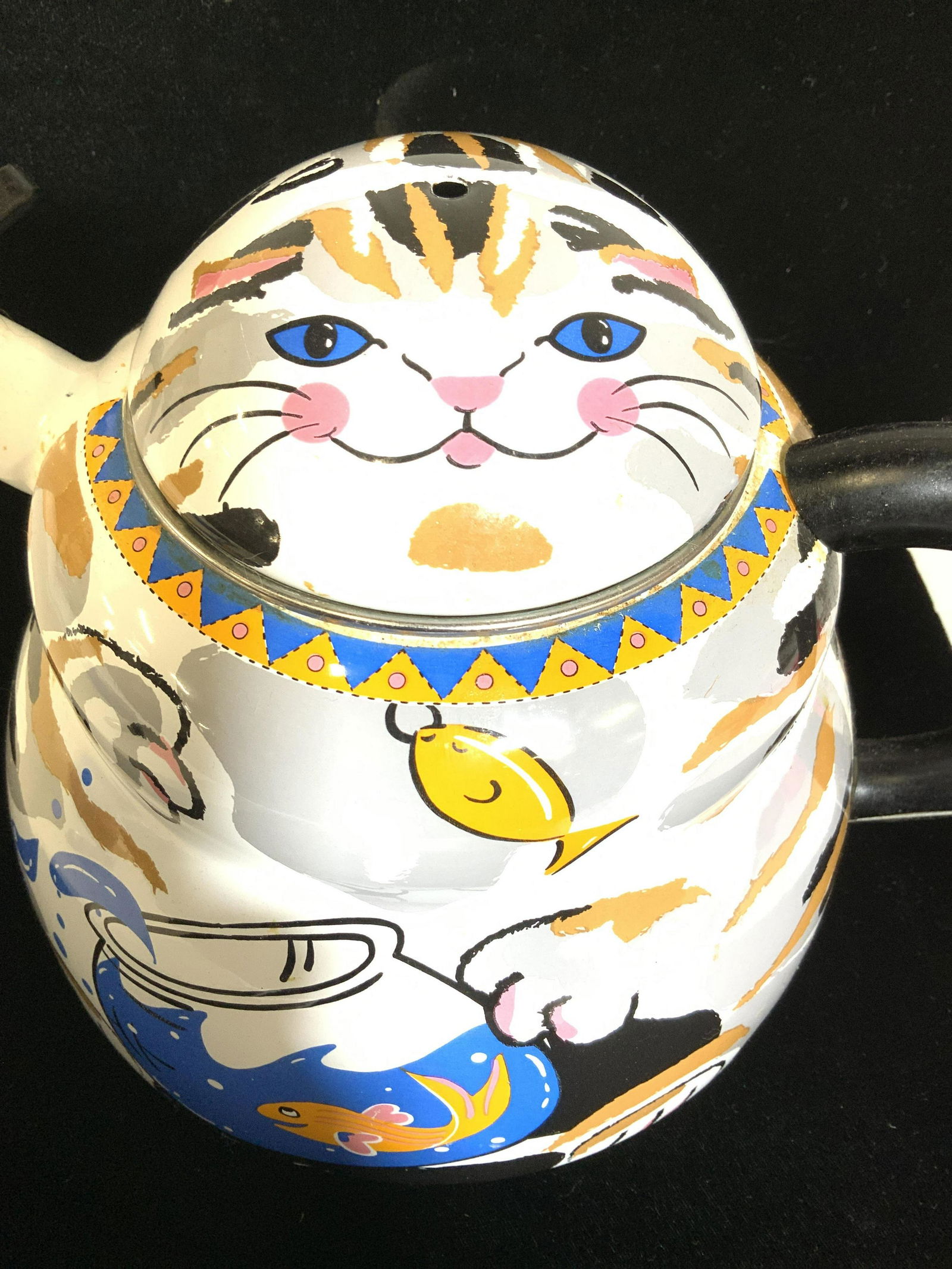 CAT & FISH In FISHBOWL Toleware Kettle: Vivid Folk Art Cat Motif Kettle holding fishbowl with smiling goldfish. Possibly a vintage kettle, can be used as a decorative home accessory, untested as kettle. Water enters spout. Steam hole under