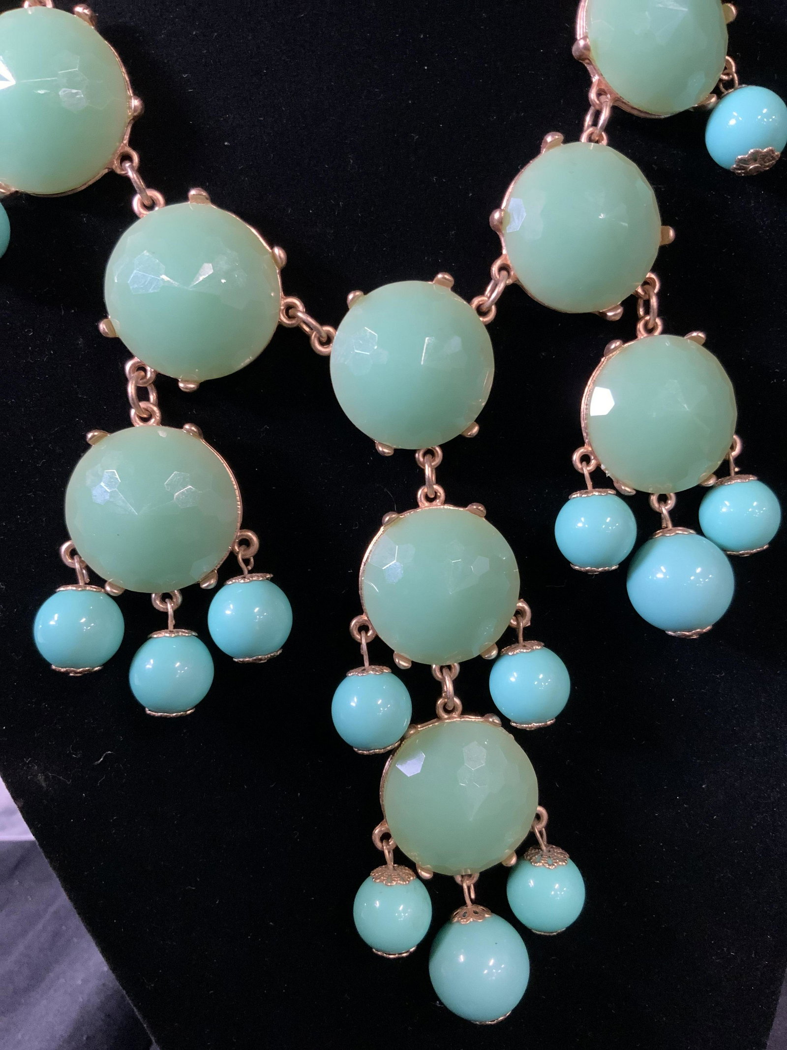J CREW Fashion Statement Necklace: Labeled for J Crew, gold toned chain necklace with green and aqua and teal Ed toned faceted dangling beads, drop measures app 18 inches, statement necklace, bib necklace, j crew fashion accessory, cos