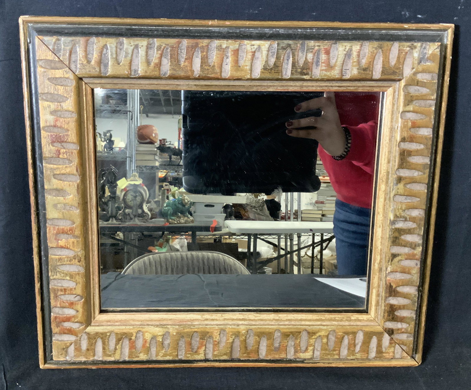 Hand Carved Wooden Framed Mirror: Hand Carved Wooden Framed Mirror, no apparent inscriptions or stamps, painted gold and black, measures 13 1/2 x 15 1/4 inches, some losses and wear to frame, Mirror, wall mirror, wooden mirror, decora