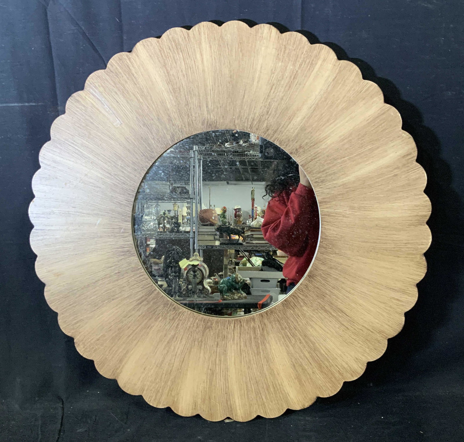 Wooden Sunburst Wall Mirror: Wooden Sunburst Mirror, inscription to reverse reads ‘49 091 787 50’, measures 30 inches in diameter, some surface wear but overall in good condition, Framed mirror, mirror, wall mirror, decorativ