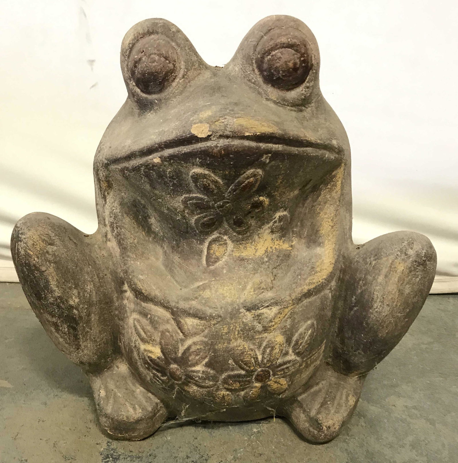 NEW ENGLAND POTTERY Earthenware Frog Planter: Vintage earthenware planter. Measures approx 17.5 inches H, 18 inches W. Stamp on underside reads as NEW ENGLAND POTTERY MADE IN MEXICO. Wear is consistent with age and use, some cracking present. Ear
