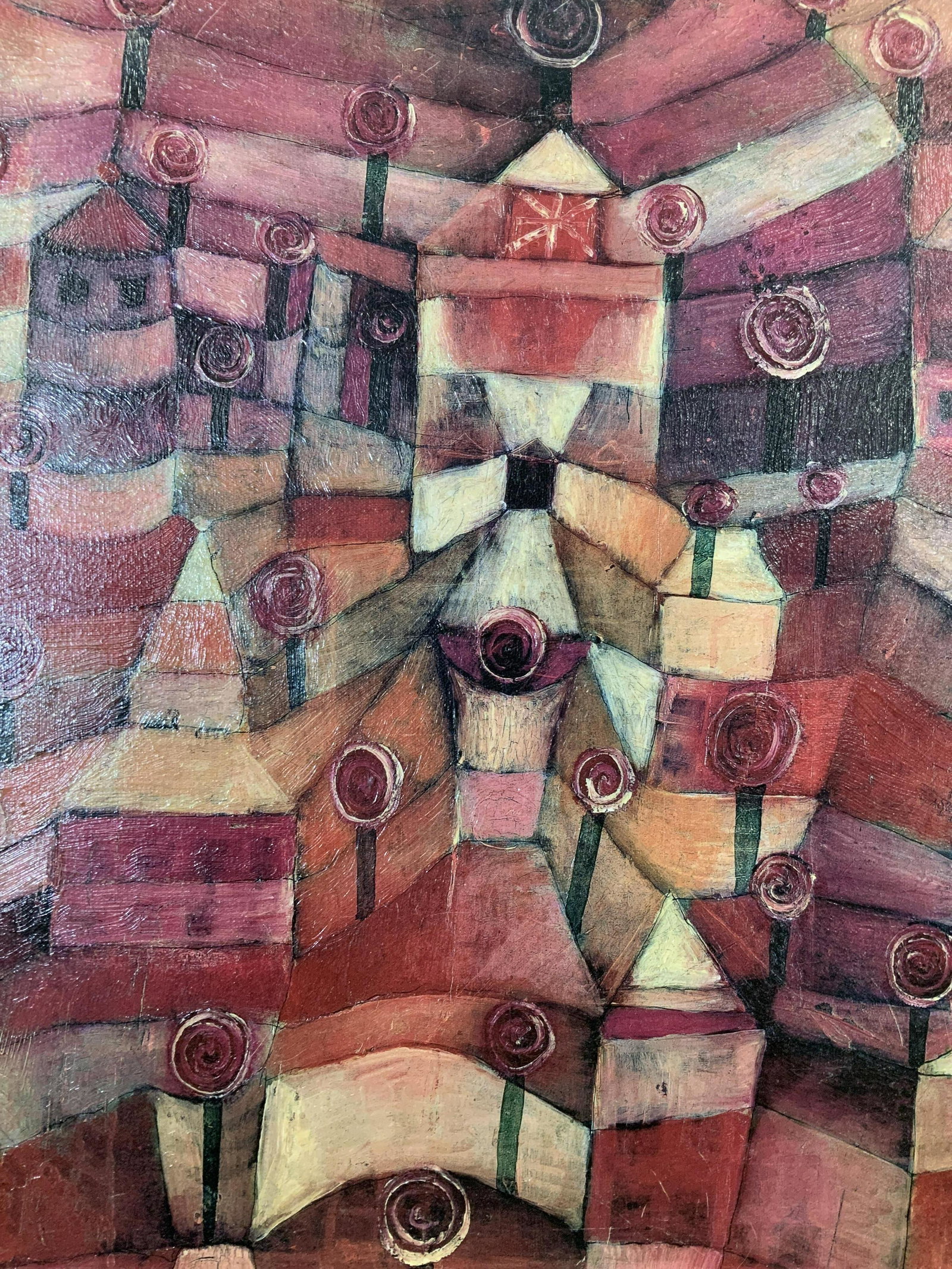 PAUL KLEE Rose Garden Offset Lithograph Artwork: PAUL KLEE Rose Garden Offset Lithograph, no apparent inscriptions or signatures, abstracted flowers amongst buildings, measures 18 x 14 7/8 inches, exposed canvas to reverse, not framed, Paul Klee, ab