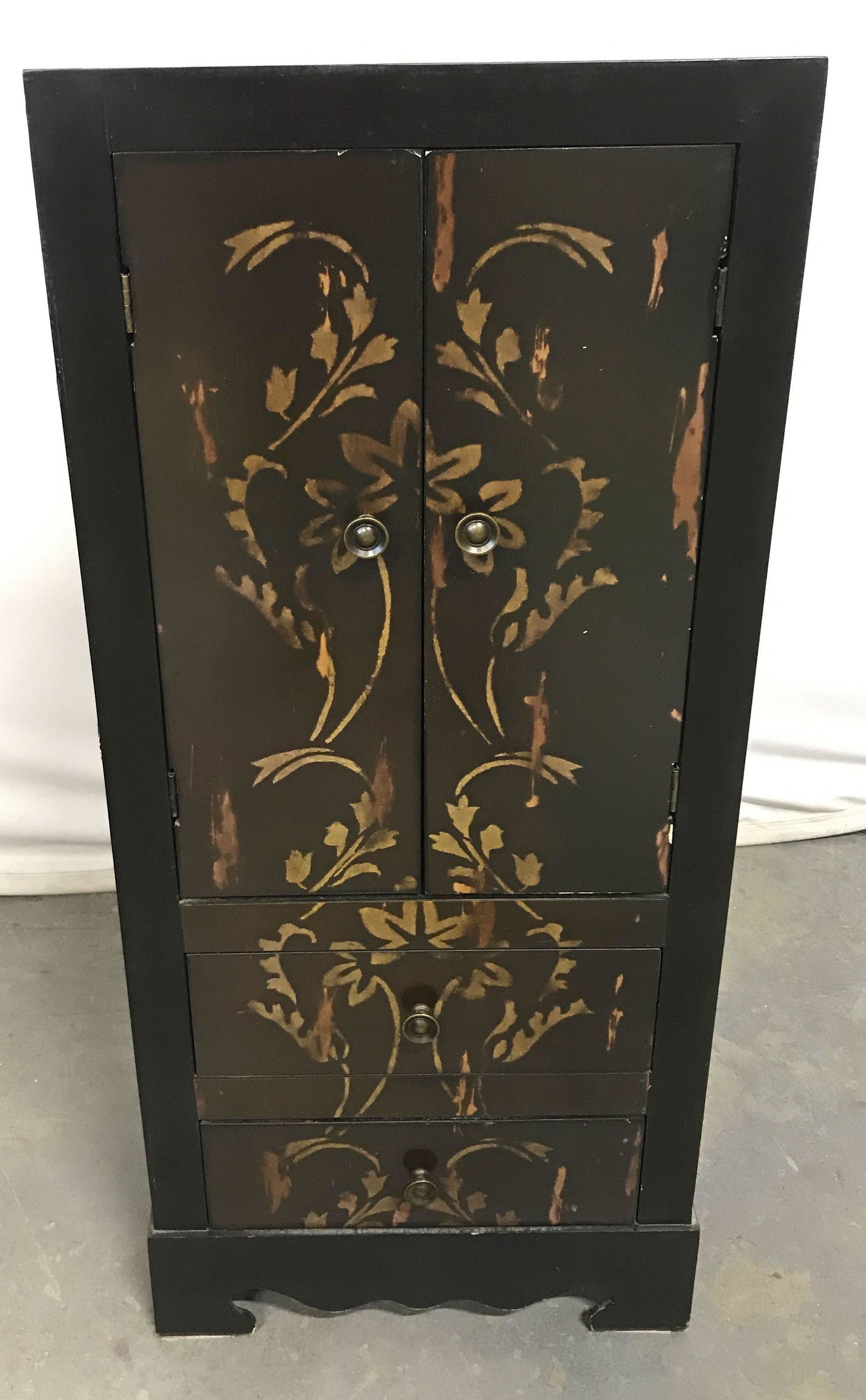 Vintage Wooden Cabinet Side Table: Wooden cabinet. Pattern printed on veneer. Measures approx 36.25, 15.75, 12 inches deep. Wear is consistent with age and use. Cabinet, vintage cabinet, vintage furniture, home decor, vintage decor. si