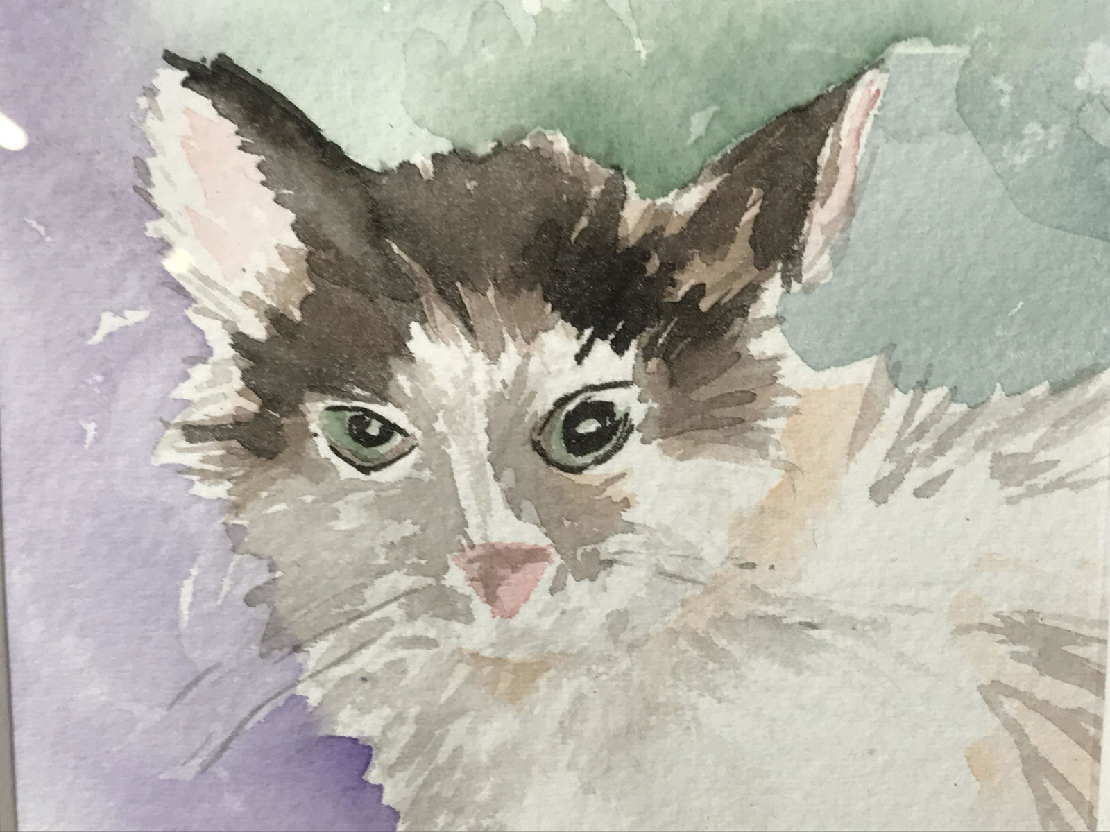 SUE GRECO Signed Watercolor Cat Painting: Sue Greco signed watercolor cat painting, signature to the lower right corner reads ‘Sue’, subject a cat with black and white fur on a green and purple background, green matting, grey wooden frame