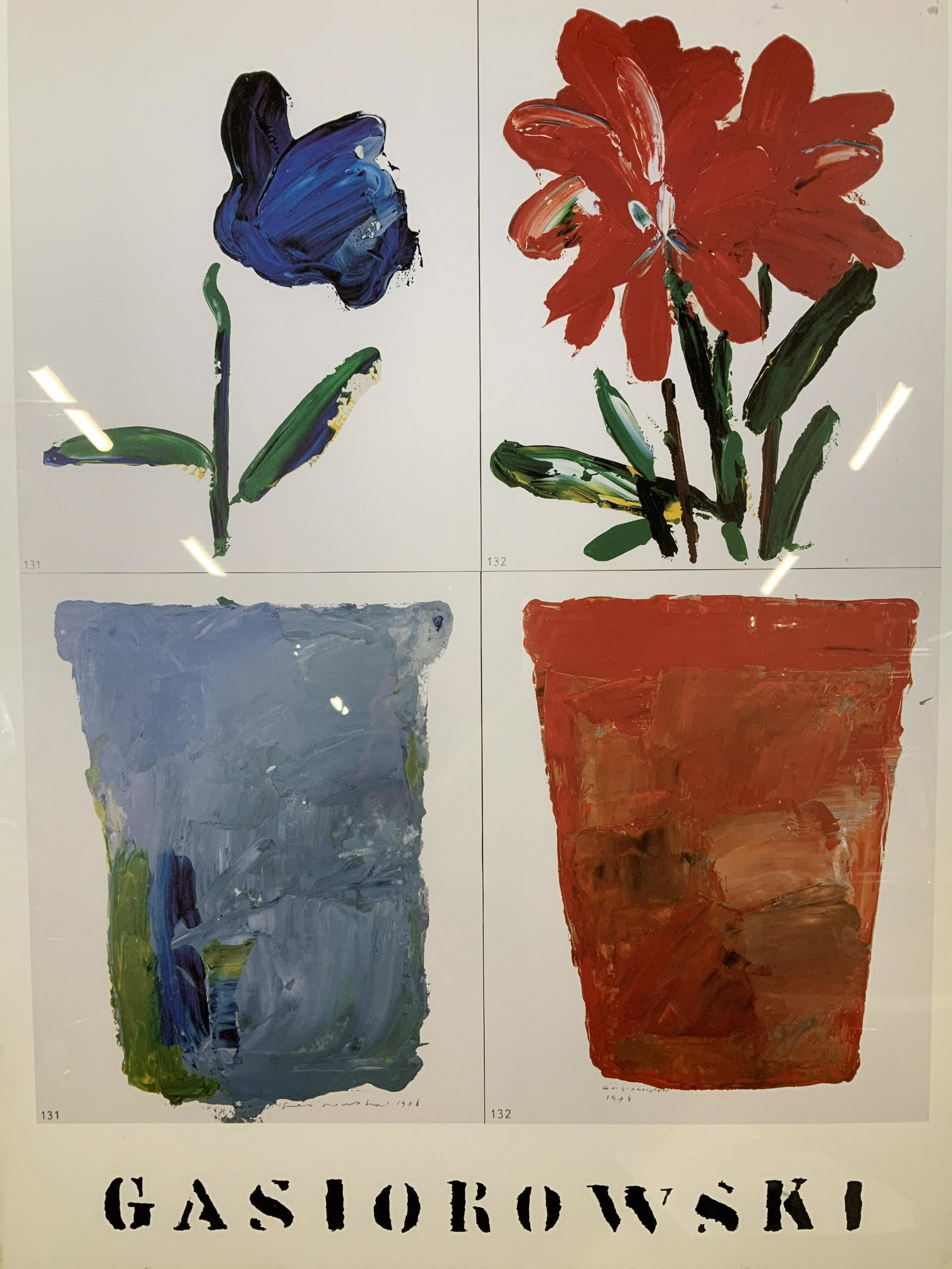 GERARD GASIOROWSKI Galerie Maeght Advertisement: GERARD GASIOROWSKI Galerie Maeght Advertisement, inscription reads ‘GASIOROWSKI Galerie Adrien Maeght 42 Rue du bac - Paris 7’, subject two flower pots, measures 28 5/8 x 21 3/8 inches, black meta