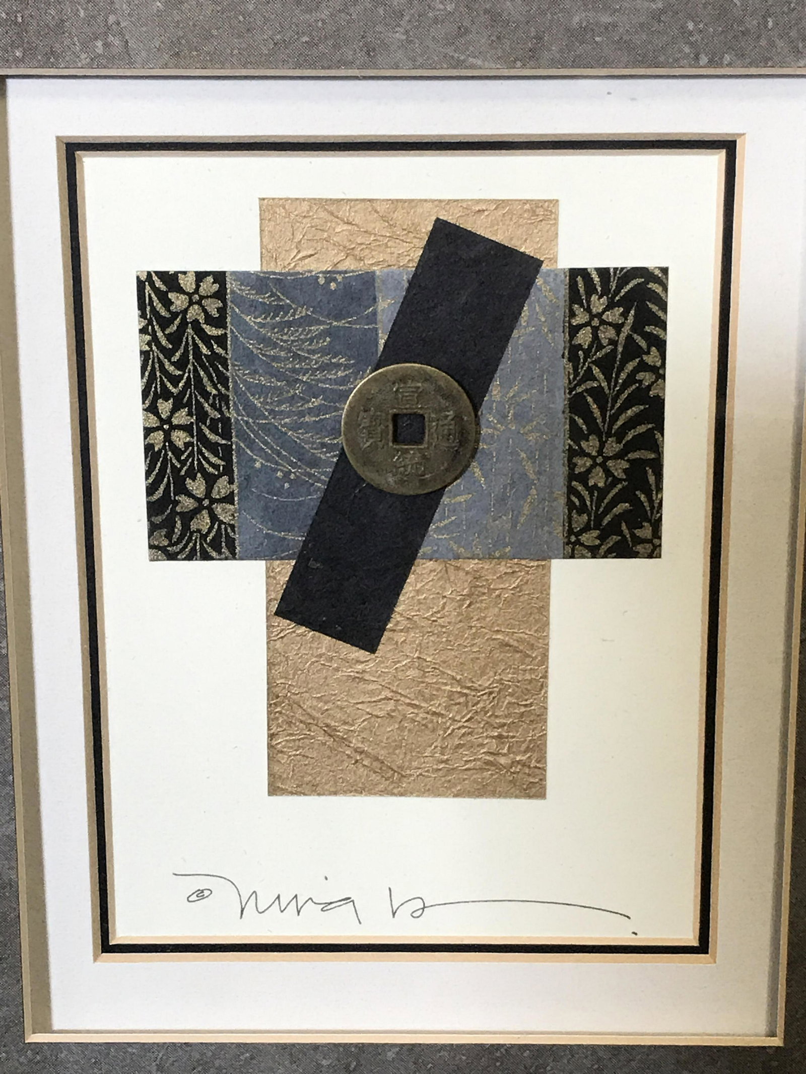 Signed Asian Style Collage Artwork: Signed Asian style collage, signature and possible date to the lower border possibly reads ‘Mira 12’, subject a collage consisting of three layered fabrics with gold or metallic elements with a si