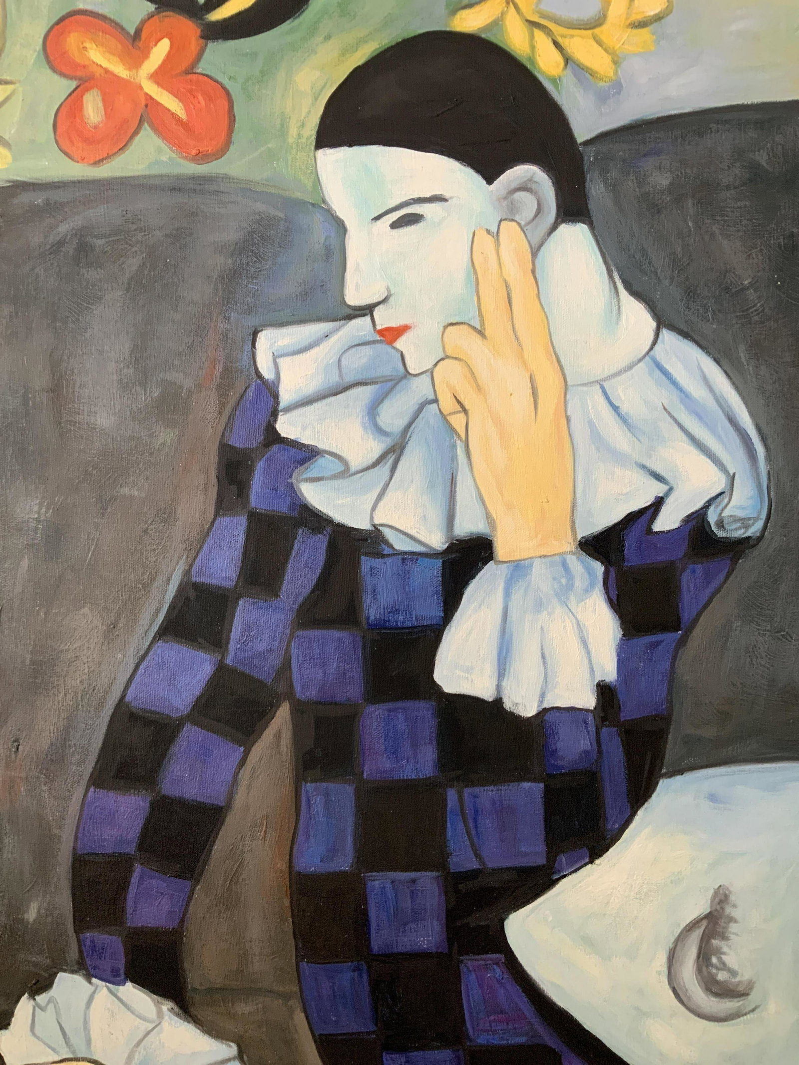 Seated Harlequin Painting in style of PICASSO: Seated Harlequin Acrylic Painting in style of PICASSO, no apparent inscriptions or signatures, subject a seated clown, measures 24 5/8 x 20 3/8 inches, exposed canvas to reverse, not framed, Harlequin