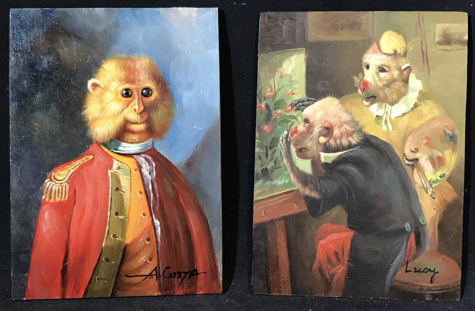 Pair Signed Anthropomorphized Monkey Paintings Art: Pair signed anthropomorphic monkey paintings, oil on wood panel, signatures are both in the lower right corner reading ‘A.Costa’ and ‘Lucy’, painting one displays a monkey in soldiers uniform,