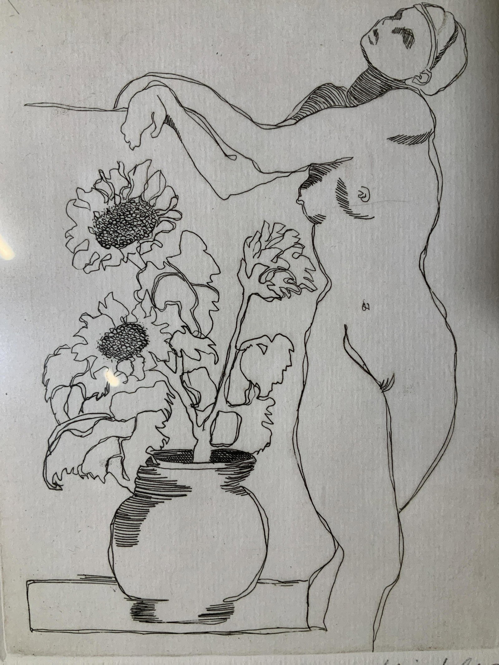 NOLAN WINKLER Signed Female Nude Engraving 1990: NOLAN WINKLER Signed Female Nude Engraving 1990, signature to lower right reads ‘Nolan Winkler 1990’, label to reverse reads ‘rag shop professional framing’, inscription to lower left reads ��
