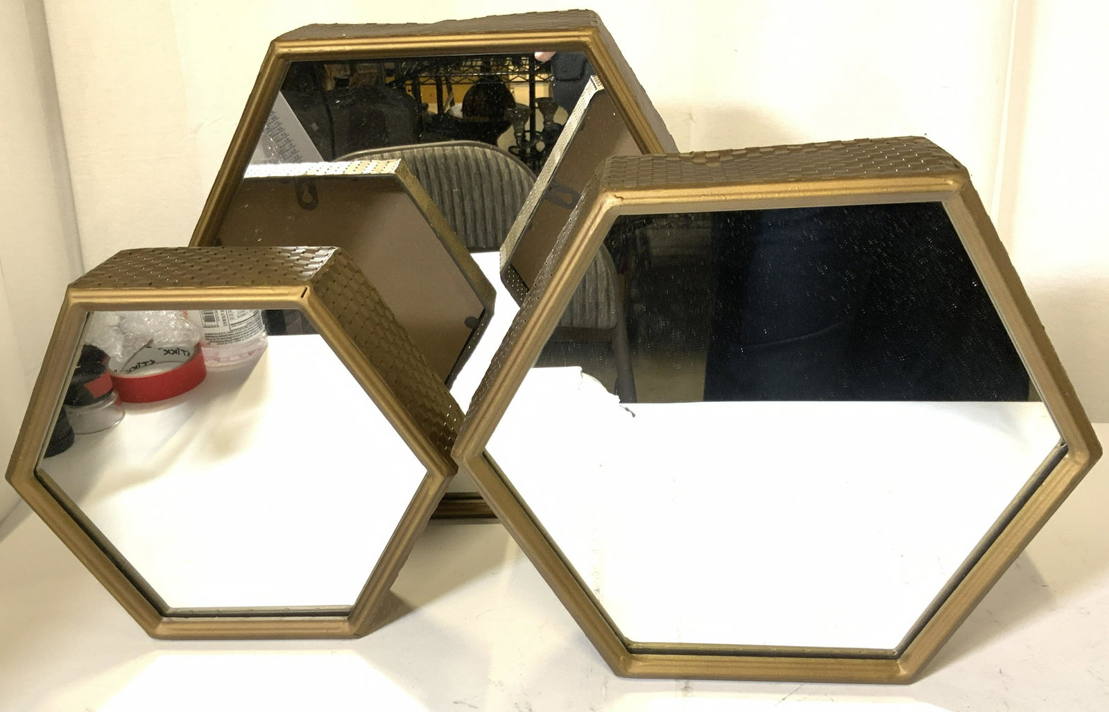 Set 3 HEXAGONAL Stacking Metal Wall Mirrors: These set of three mirrors are deep set with metal basket weave pattern in a bronze patina. They are ready to hang on the wall but also can be used as stackable trays, vanity, home bar decor, more. La