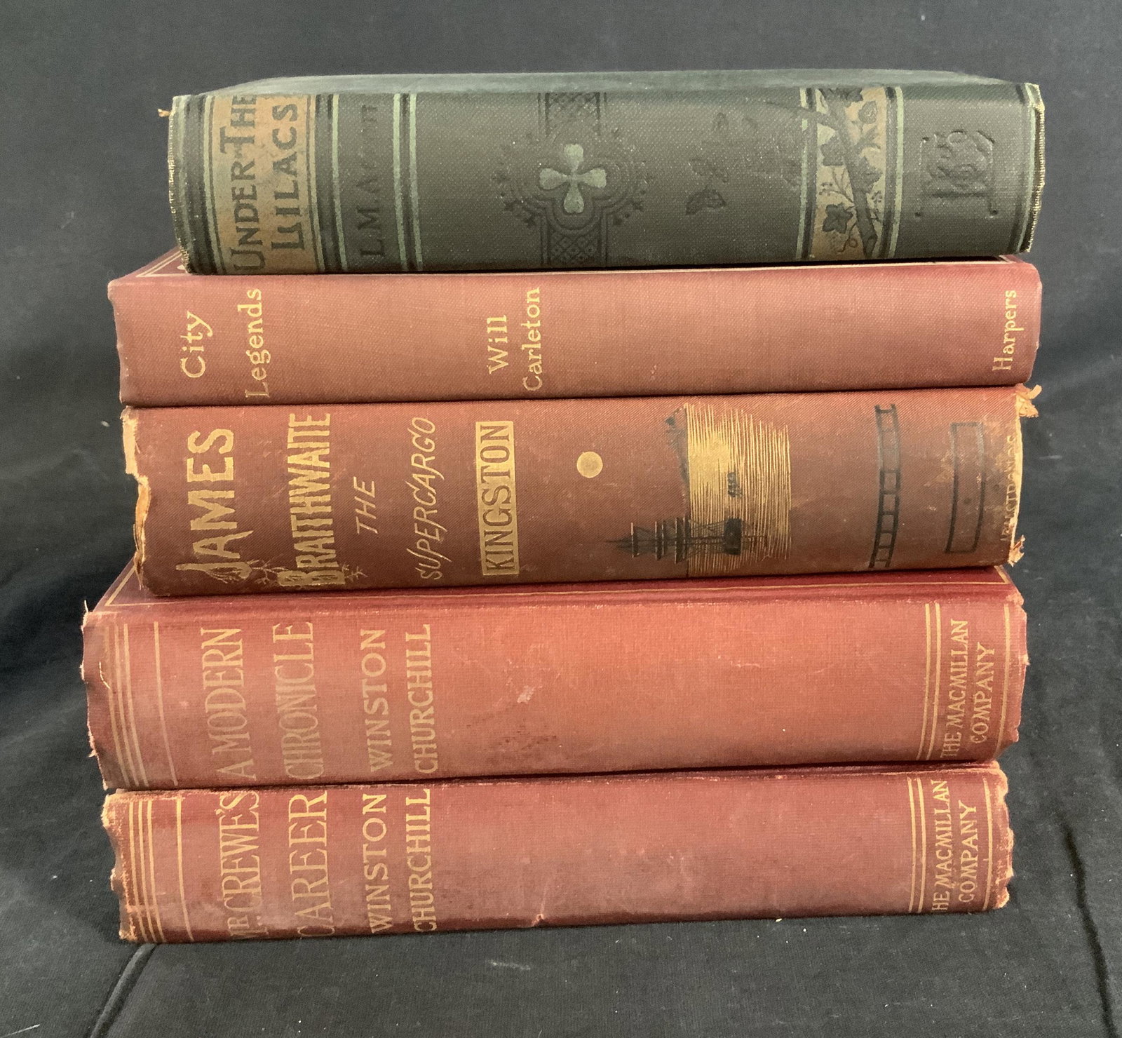 Lot 5 Antique Books: Lot 5 Antique Books, City of Legends by Will Carleton, James Braithwaite: The Supercargo by WHG Kingston, Under the Lilacs by Louisa M Alcott, Mr Crewe’s Career and A Modern Chronicle by Winston Chu