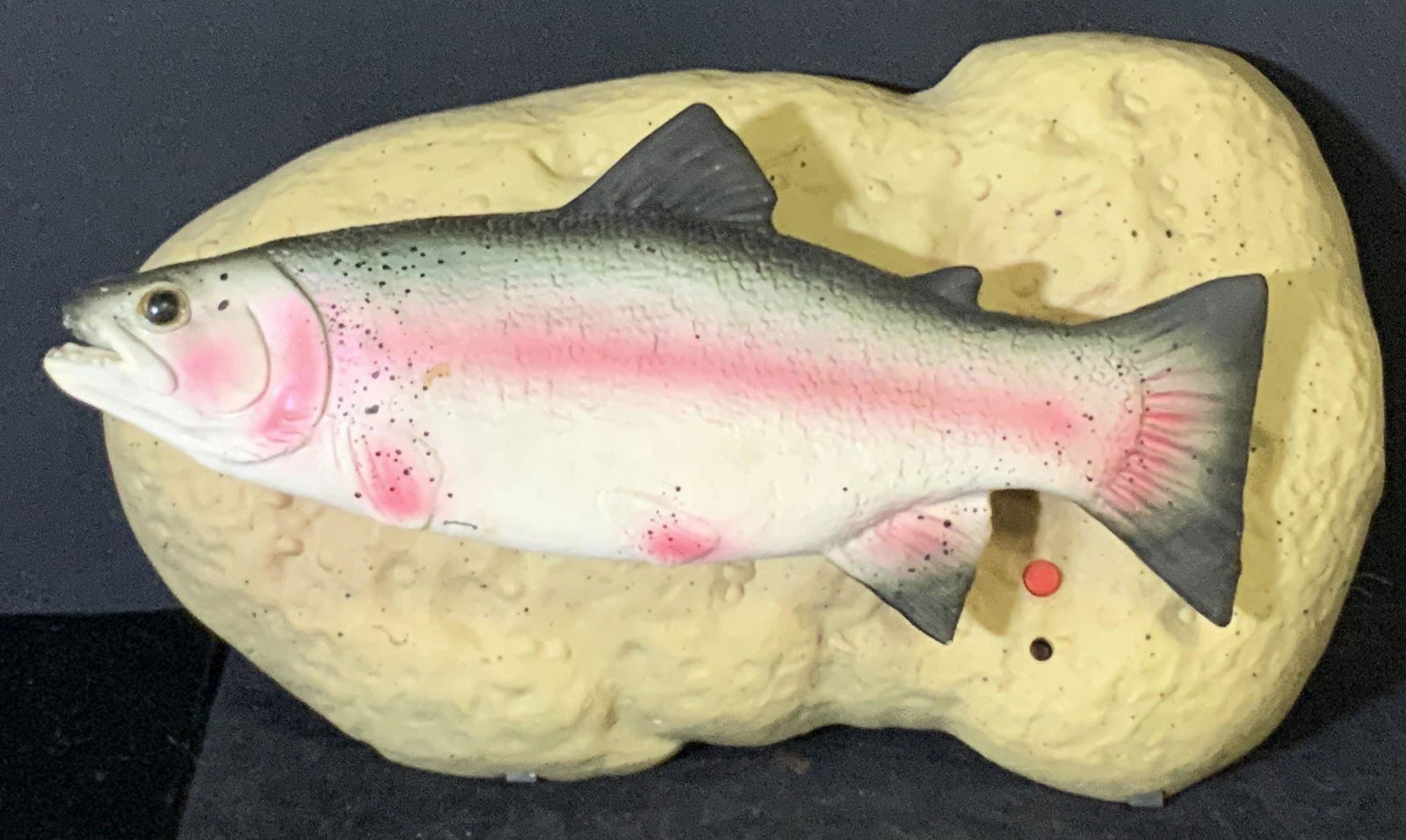Lot 2 Animated Mounted Fish Wall Decor: Two mounted fish that are animated when one presses their buttons. The fish are untested and require batteries to come to life. One is titled, COOL CATFISH. The catfish has whiskers and is mounted to