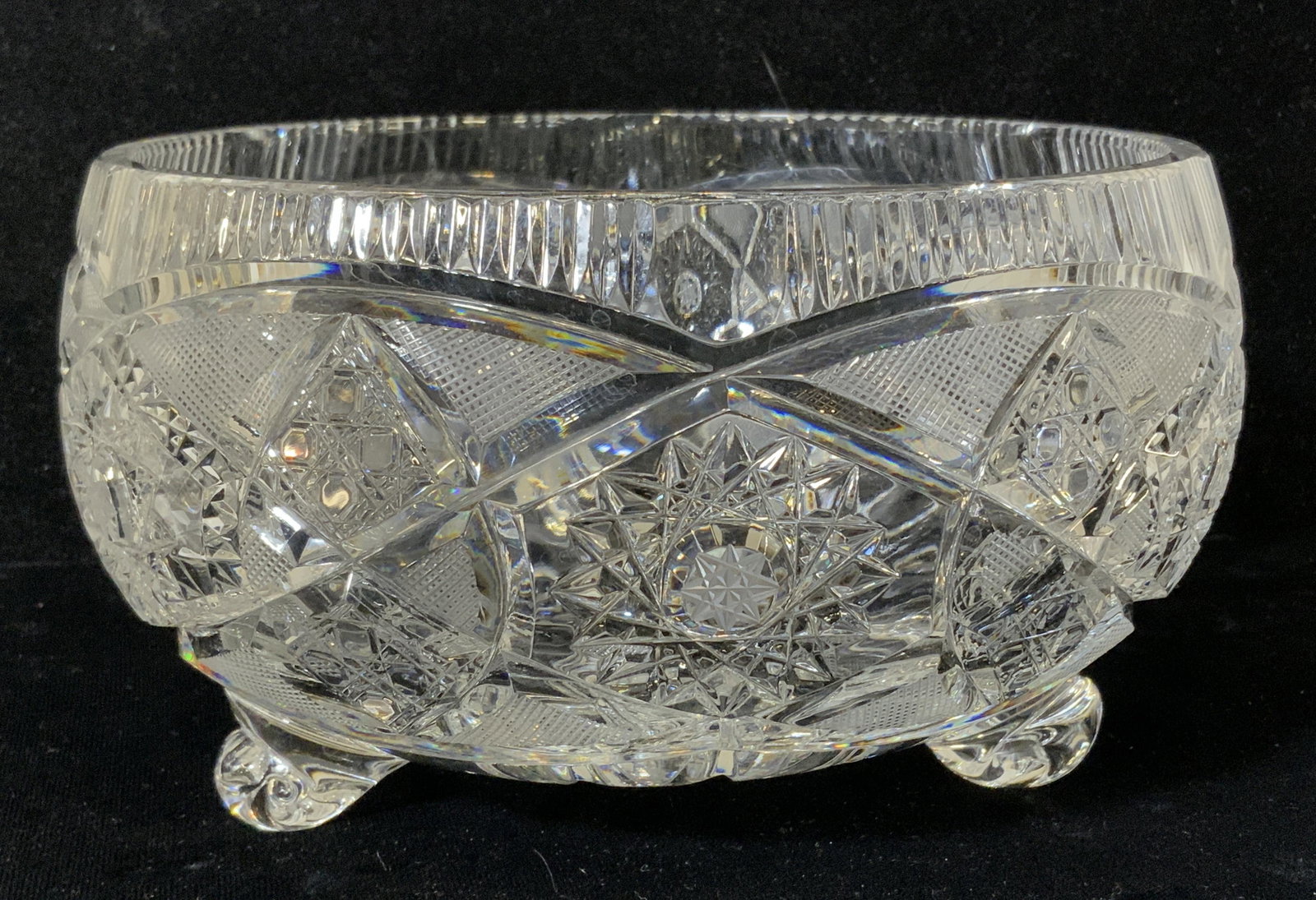 Lot 5 Cut Lead Crystal Vintage Bowls: Long serving bowl with saw tooth rim cut crystal, possibly vintage & cut by hand, as cuts are sharp and pointy. 12x 4 in. Cut & Etched reticulated cigar ashtray, thick walled, very heavy. Crystal Trin