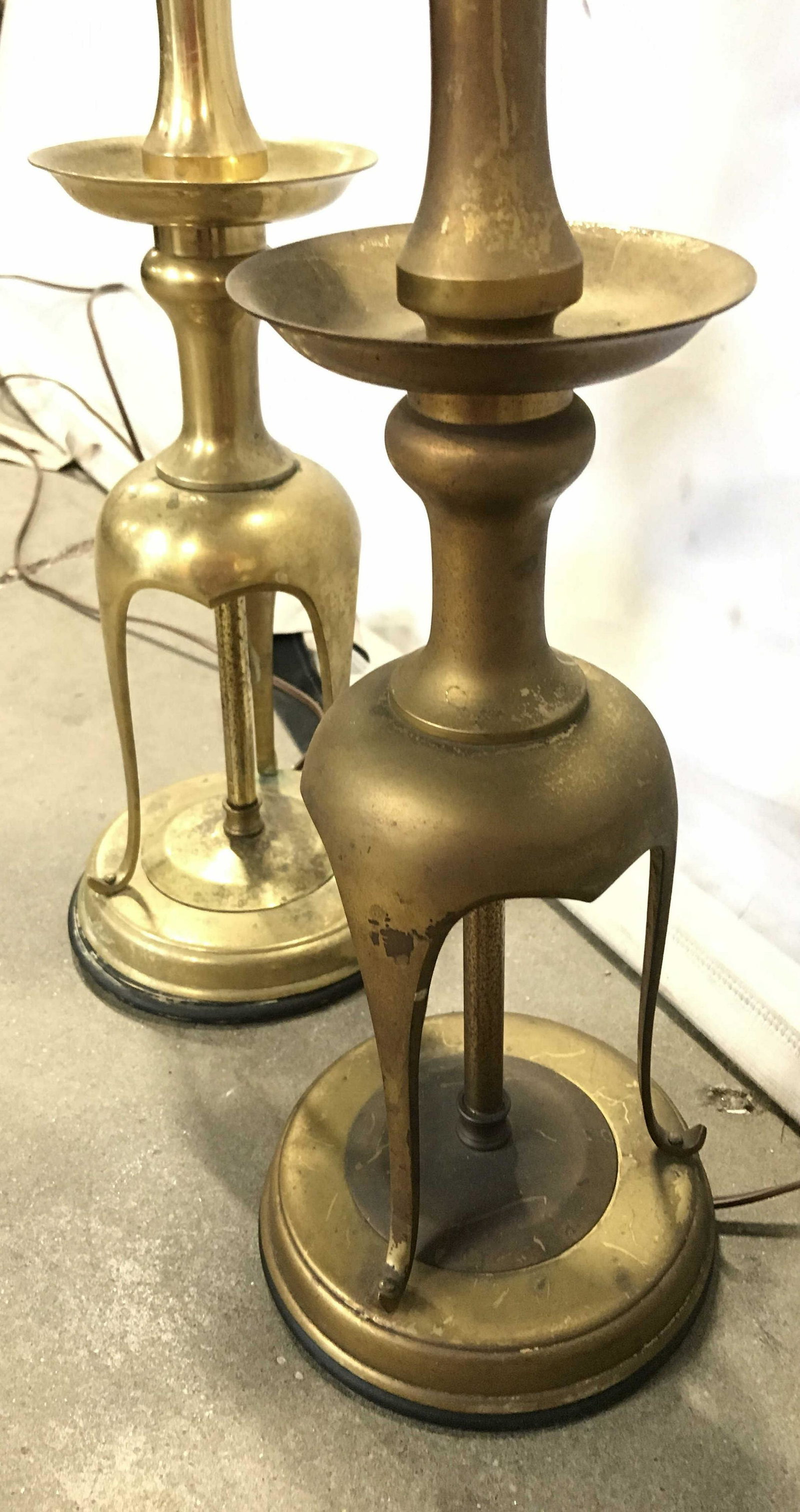 Pair Vintage Brass Tabletop Lamps: Pair of vintage brass tabletop lamps. Each measures approx 35 inches H, and 6.5 inches W. Wear is consistent with age and use. Lamps, vintage lighting, brass decor, home decor, vintage decor, vintage 