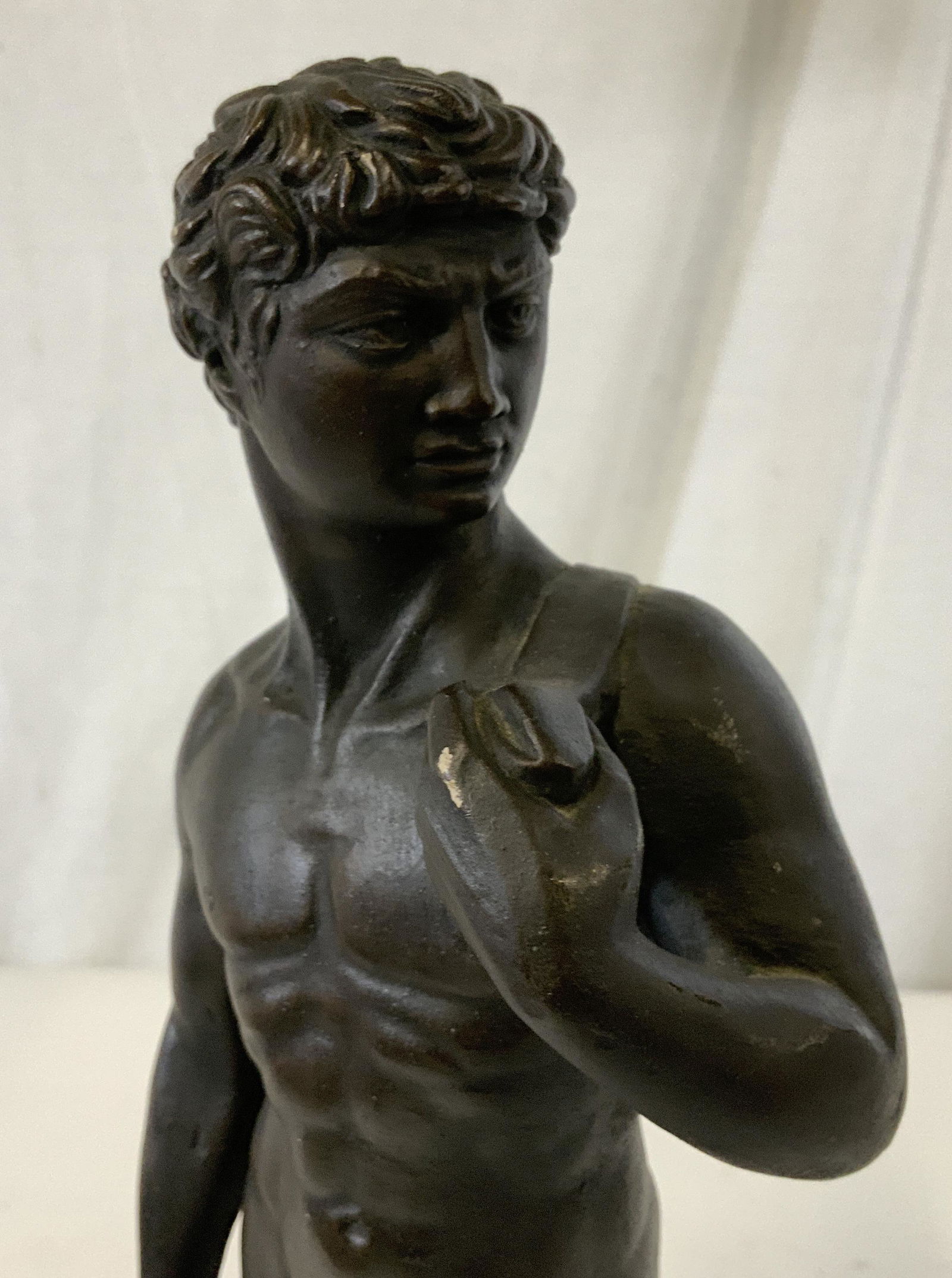 AUSTIN PRODUCTIONS David Chalkware Sculpture: AUSTIN PRODUCTIONS David Chalkware Sculpture, inscription reads ‘Austin Prod Inc 1968’, subject David standing with his slingshot, measures 14 inches tall x 4 1/2 inches at widest point, some loss