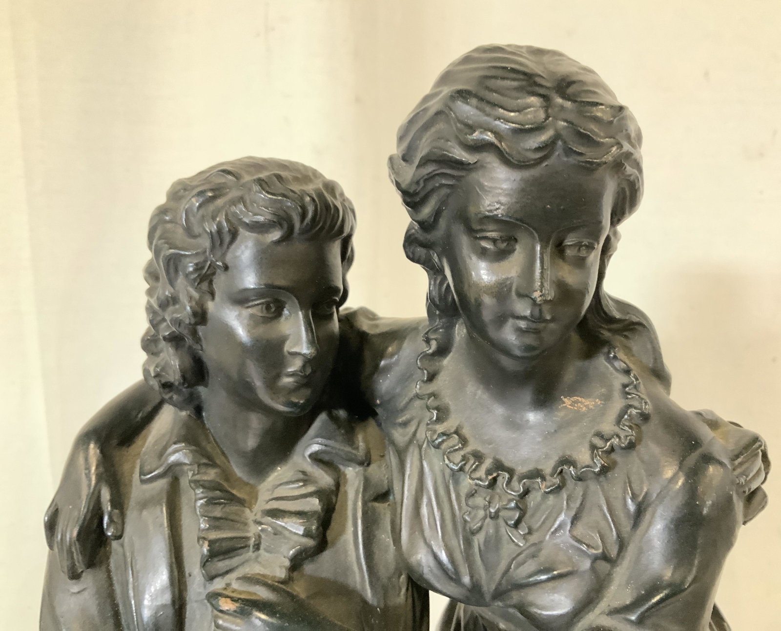 Ceramic Hermann and Dorothea Statue: Ceramic Hermann and Dorothea Statue, inscriptions read ‘Herman & Dorothea’, ‘Deponirt’, and ‘U & C 864’, subject two people walking, measures 22 5/8 x 8 inches wide at base, some surface w