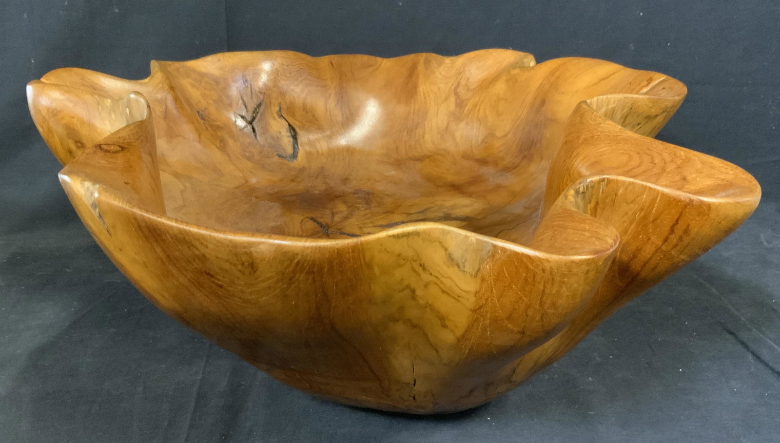Hand Carved Free Form Wood Bowl: Hand carved wood bowl, possibly vintage, free form. Measures approx 8 inches H, 20.5 inches W. Wear is consistent with age and use. Bowls, carved wood accessory, decorative bowl, home decor, decorativ