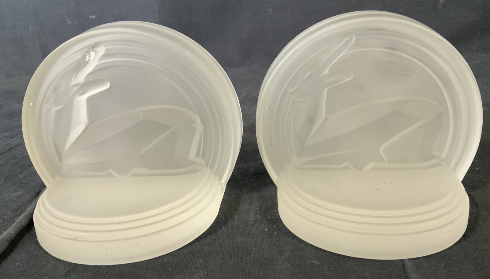 Pair EDWIN FUERST Art Deco Frosted Glass Bookends: Pair EDWIN FUERST Glass Bookends, no apparent inscriptions or stamps, features a stylized gazelle, both measure 4 1/8 inches tall x 5 inches wide, some chips to glass but overall in good condition, Ar
