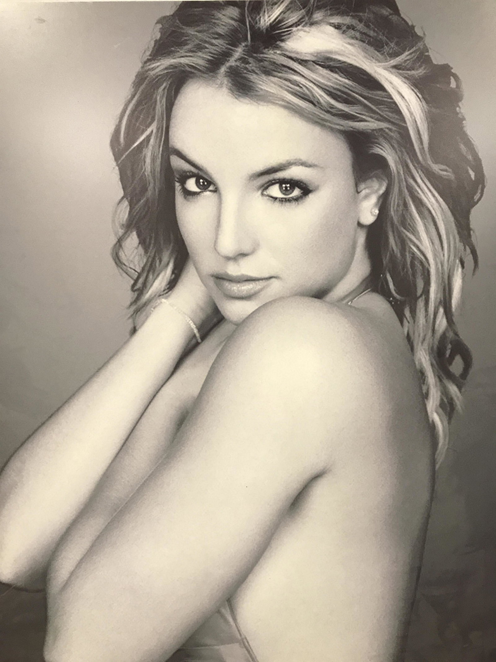 Britney Spears Black & White Poster: Poster board depicts pop star Britney Spears in black and white. Piece measures approximately 43 inches tall 40 inches wide. Britney Spears poster, Britney Spears wall decor, Britney Spears memorabili