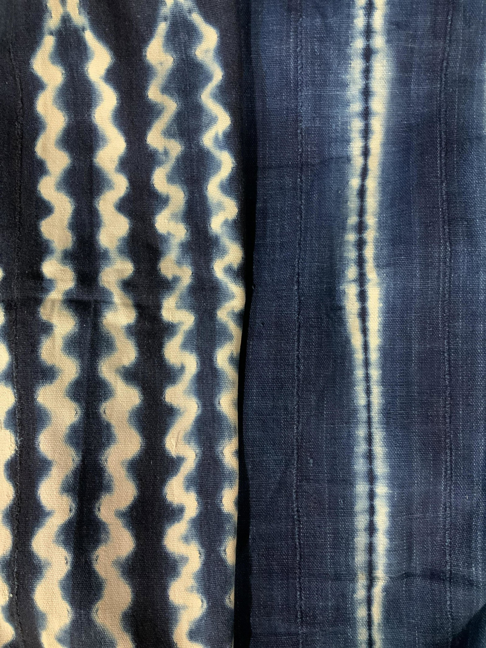 Lot 2 Vintage West African Textiles: Lot 2 Vintage West African Textiles, no apparent inscriptions or labels, possibly from Mali, Burkina Faso, or Ivory Coast, abstracted striped designs, one fabric measures 55 x 34 1/2 inches, other fab
