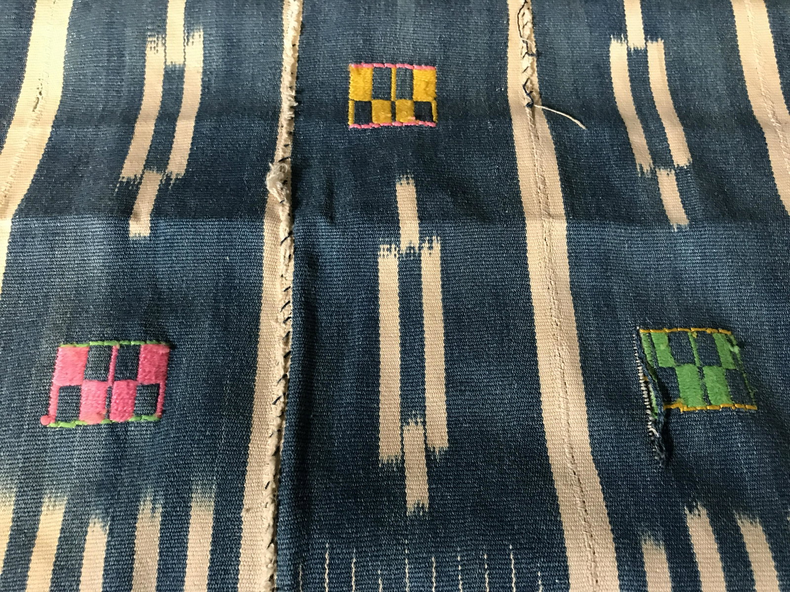 Pair Vintage West African Textiles: Pair Vintage West African textiles, fabric with threads loose on the ends, possibly originates from Burkina Faso Mali or Ivory Coast West Africa, overall in good condition, one measures approximately 