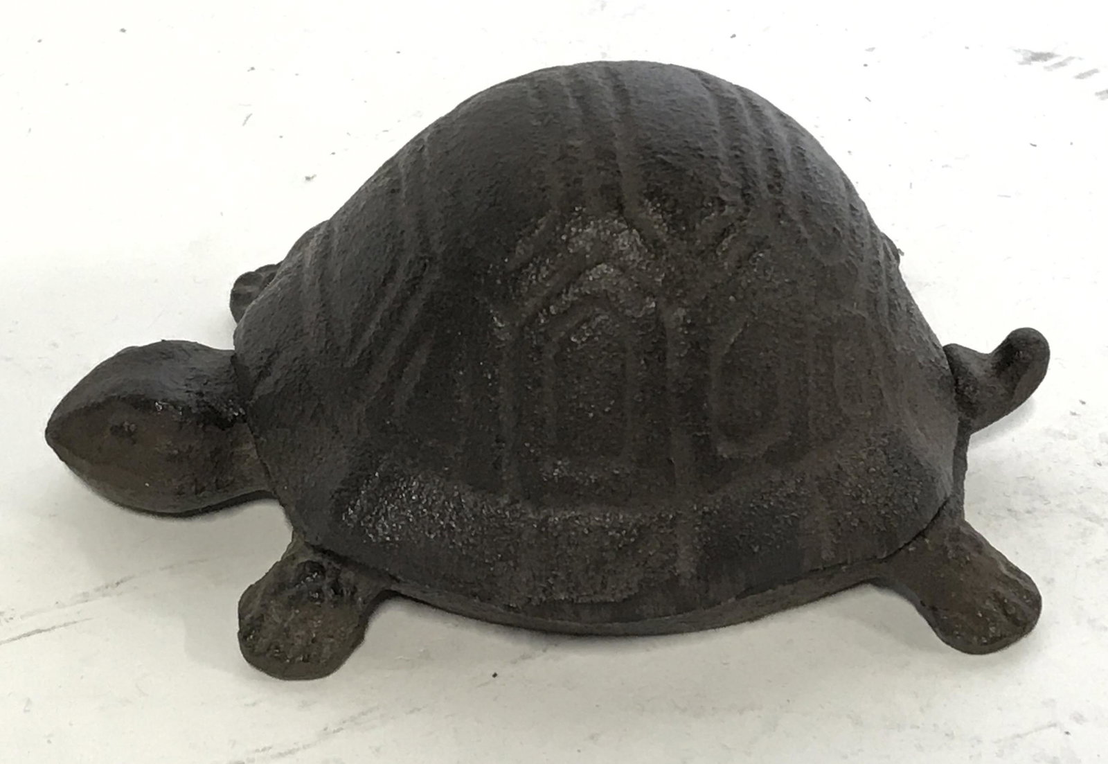 Decorative Iron Turtle Keepsake Box: Decorative iron turtle box, no apparent signatures or stamps, subject an iron turtle with a shell that comes off, measures 4.5 inches long and 2 inches tall, shell no attached in any manner, overall i